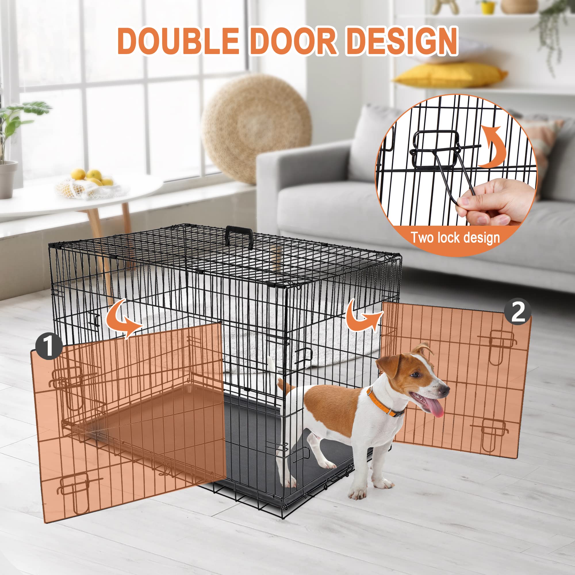 30/36/42 Inch Double Door Foldable Metal Dog Crate with Removable Tray - Heavy Duty Wire Kennel Cage for Small, Medium & Large Dogs - Indoor, Outdoor & Travel Use for Home, Car, Camping & Vet Visits