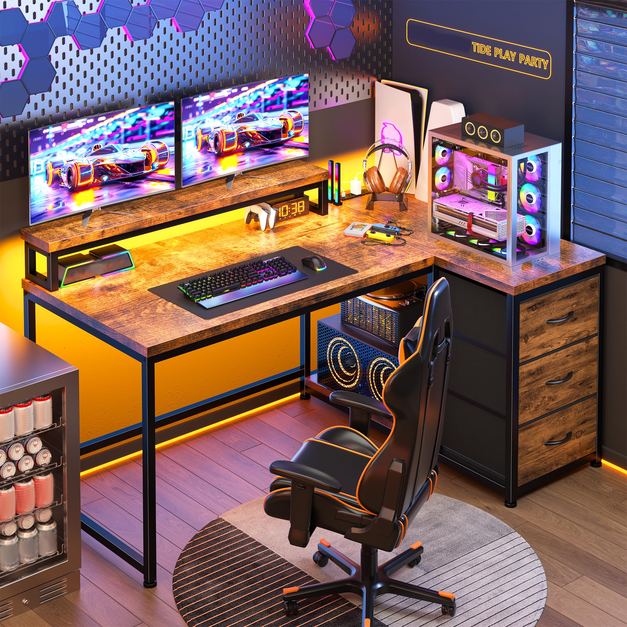 EnHomee 40 Inch L-Shaped Gaming Desk with LED Lights & Power Outlet, Reversible Corner Computer Desk with Drawers & Monitor Stand - Perfect for Gaming Setup, Home Office, or Bedroom (Rustic Brown)