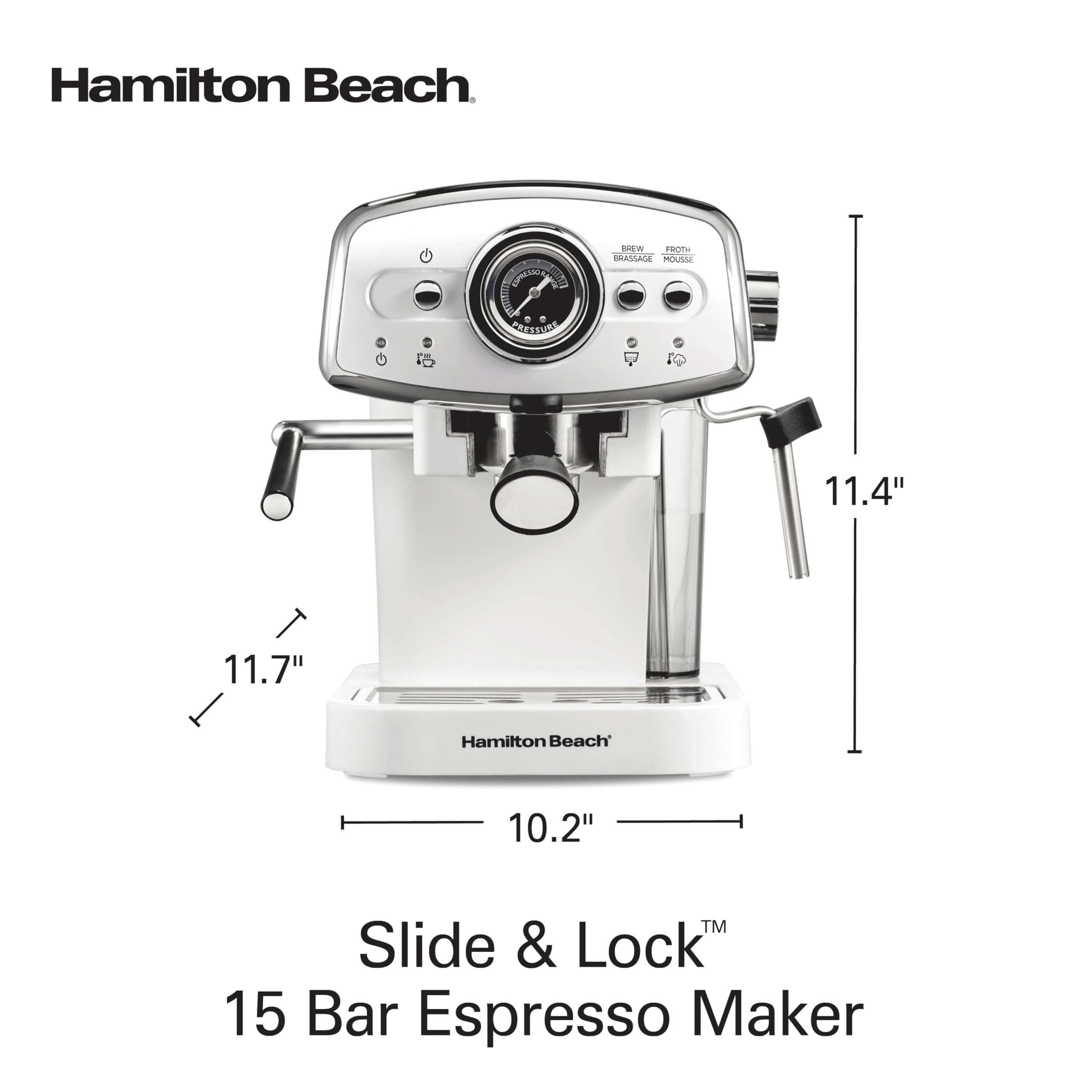 Hamilton Beach 15 Bar Espresso Machine with Milk Frother - Compact Slide & Lock Design for Cappuccino & Latte - Removable Water Reservoir & Dual Spouts - Retro White (40731) - Perfect for Home Coffee Bars & Small Kitchens