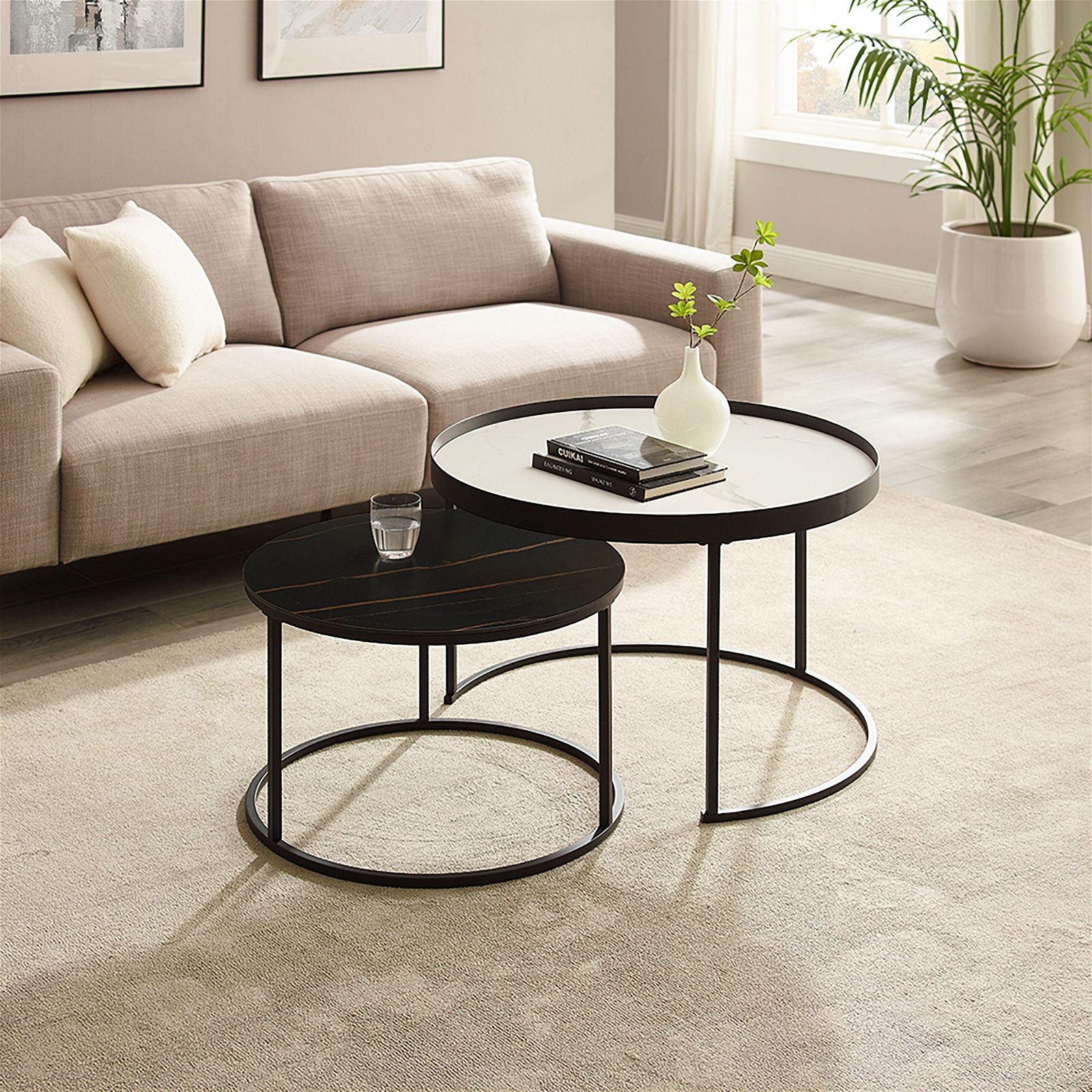 Modern Nested Coffee Table Set - White & Black Sintered Stone Top with Carbon Steel Metal Frame - Perfect for Living Room, Lounge & Office Spaces - by Criterion