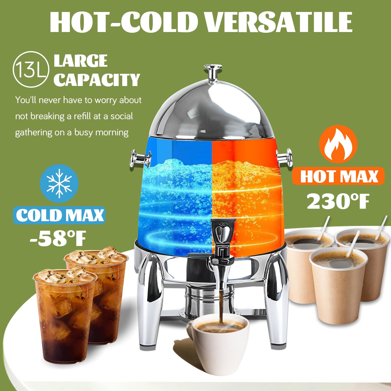 12L Commercial Coffee Urn - Stainless Steel Hot Water & Iced Coffee Maker - Large Capacity Drink Dispenser for Parties, Catering, Restaurants & Office Events