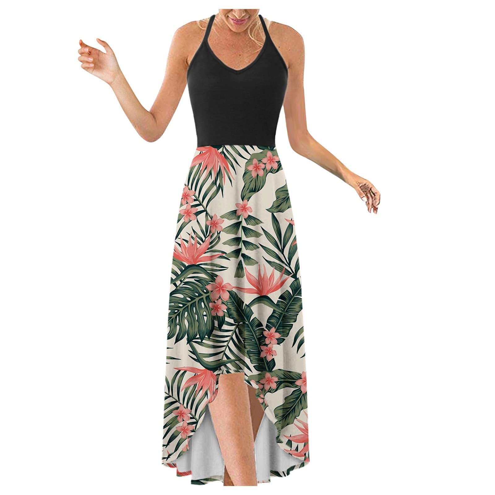Women's Floral Print Sundress - V-Neck Sleeveless Beach Dress, Casual Loose Long Summer Dress for Vacation, Pool Party & Outdoor Activities