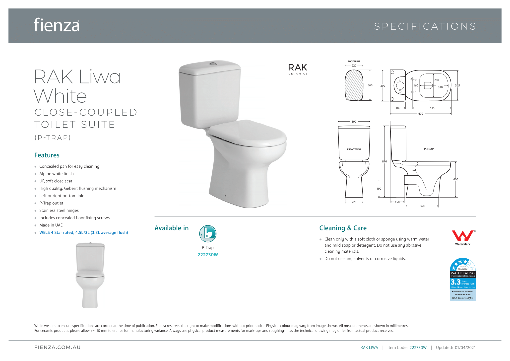 Fienza Rak Liwa Close Coupled Toilet Suite with P-Trap in White - Perfect for Modern Bathrooms and Small Spaces