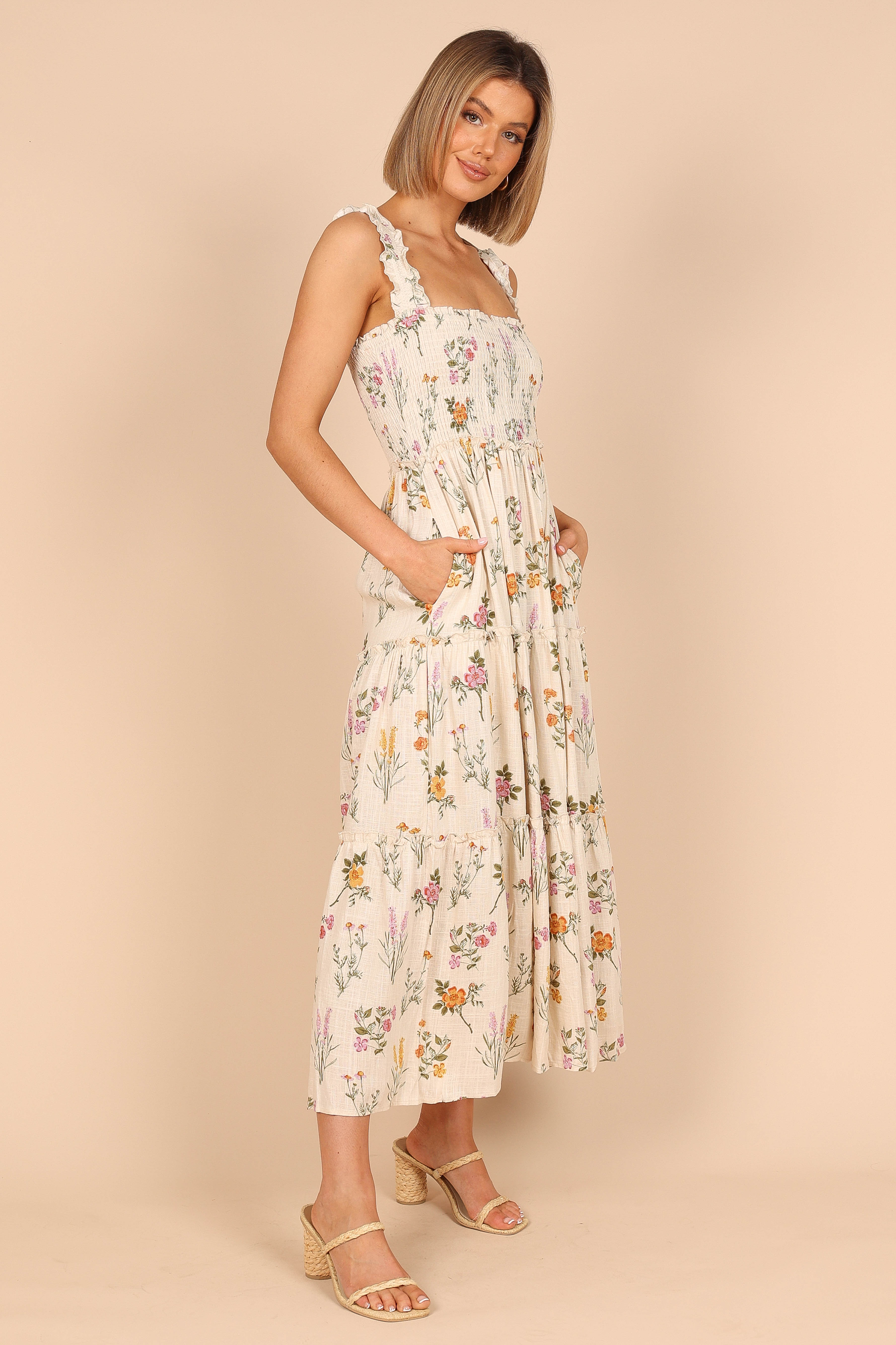 August Shirred Maxi Dress - Beige Floral Print Summer Dress for Women | Perfect for Beach Vacations, Date Nights & Casual Outings