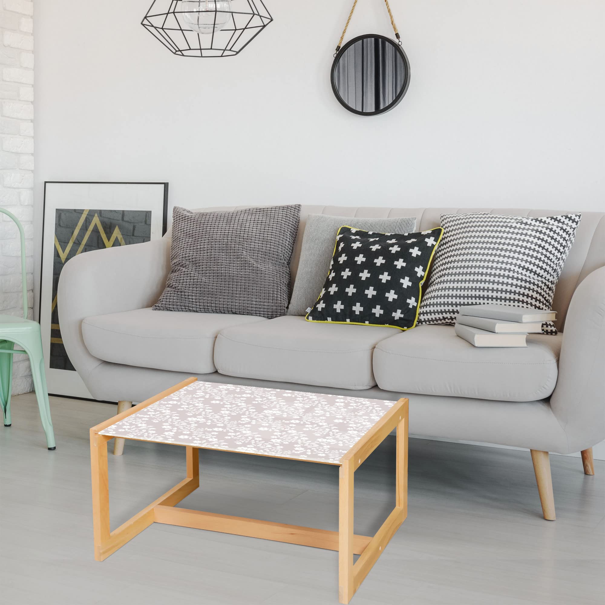 Ambesonne Floral Coffee Table - Pastel Meadow Scenery with Simple Flowers & Leaves, Acrylic Glass Top & Wooden Frame, Medium Size in Pale Mauve & White - Perfect for Living Rooms, Offices & Dorm Decor