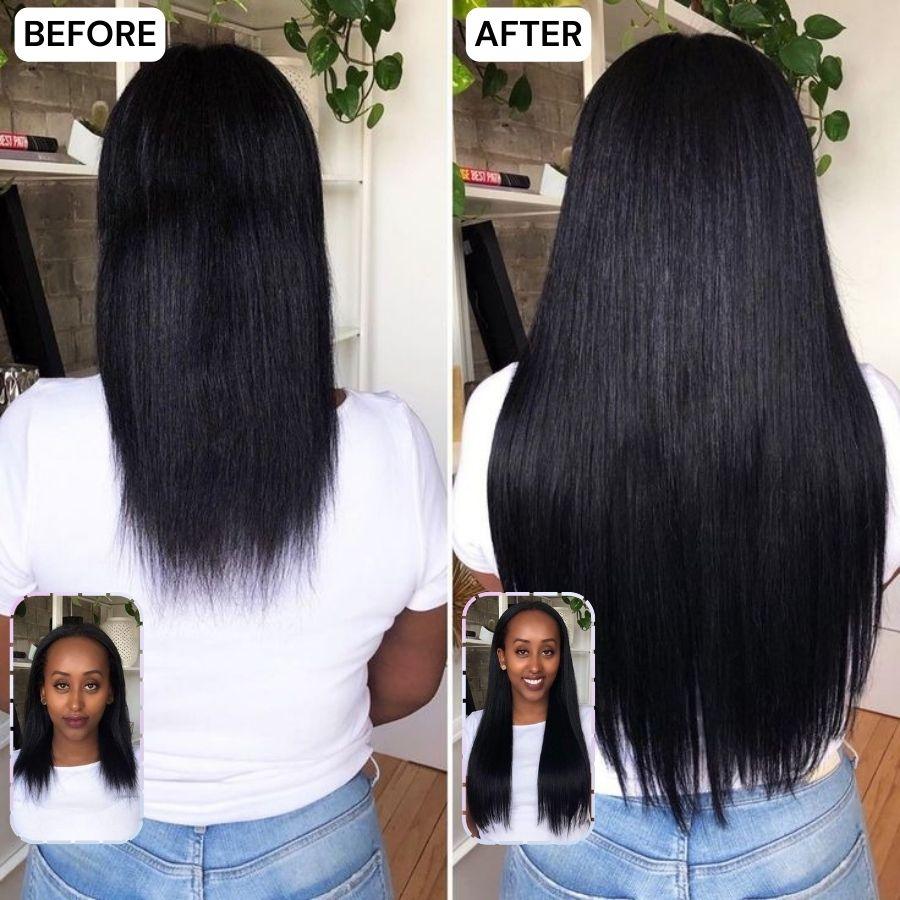 WOWANGEL Kinky Straight Seamless Clip-In Hair Extensions 18 Inch - Natural Black Human Hair Weft for Volume & Length - Perfect for Daily Wear, Parties & Special Occasions