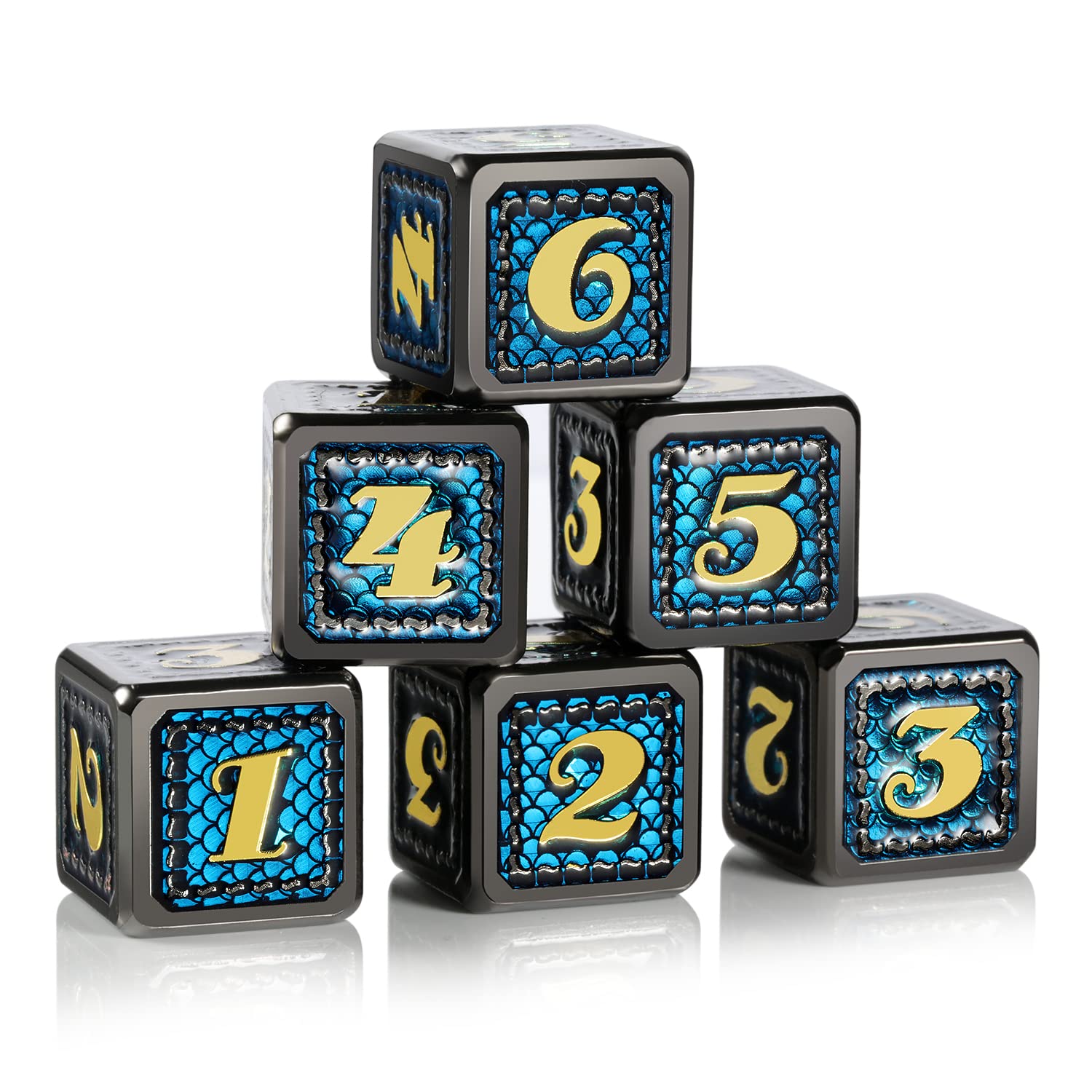DNDND Dragon Scale D6 Metal Dice Set - 6PCs Teal & Black RPG Dice for DND, Pathfinder, Shadowrun, GURPS - Includes Free Black Velvet Bag - Perfect for Tabletop Gaming, Roleplaying & Collectors