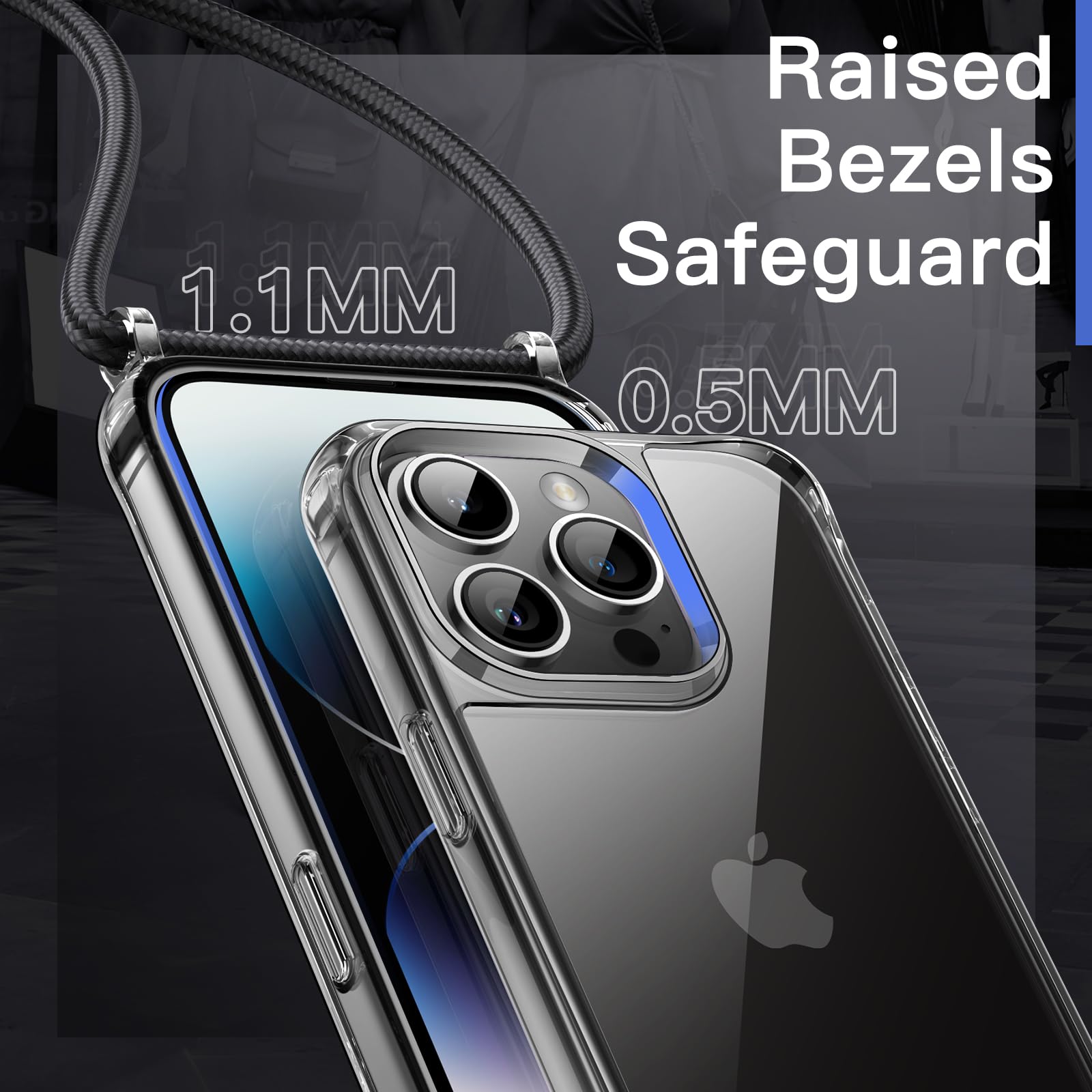 JETech Clear Shockproof iPhone 14 Pro Max 6.7-Inch Case with Adjustable Lanyard - Anti-Yellowing Transparent Protective Cover & Neck Strap (Space Black) | Perfect for Travel, Shopping & Hands-Free Daily Use