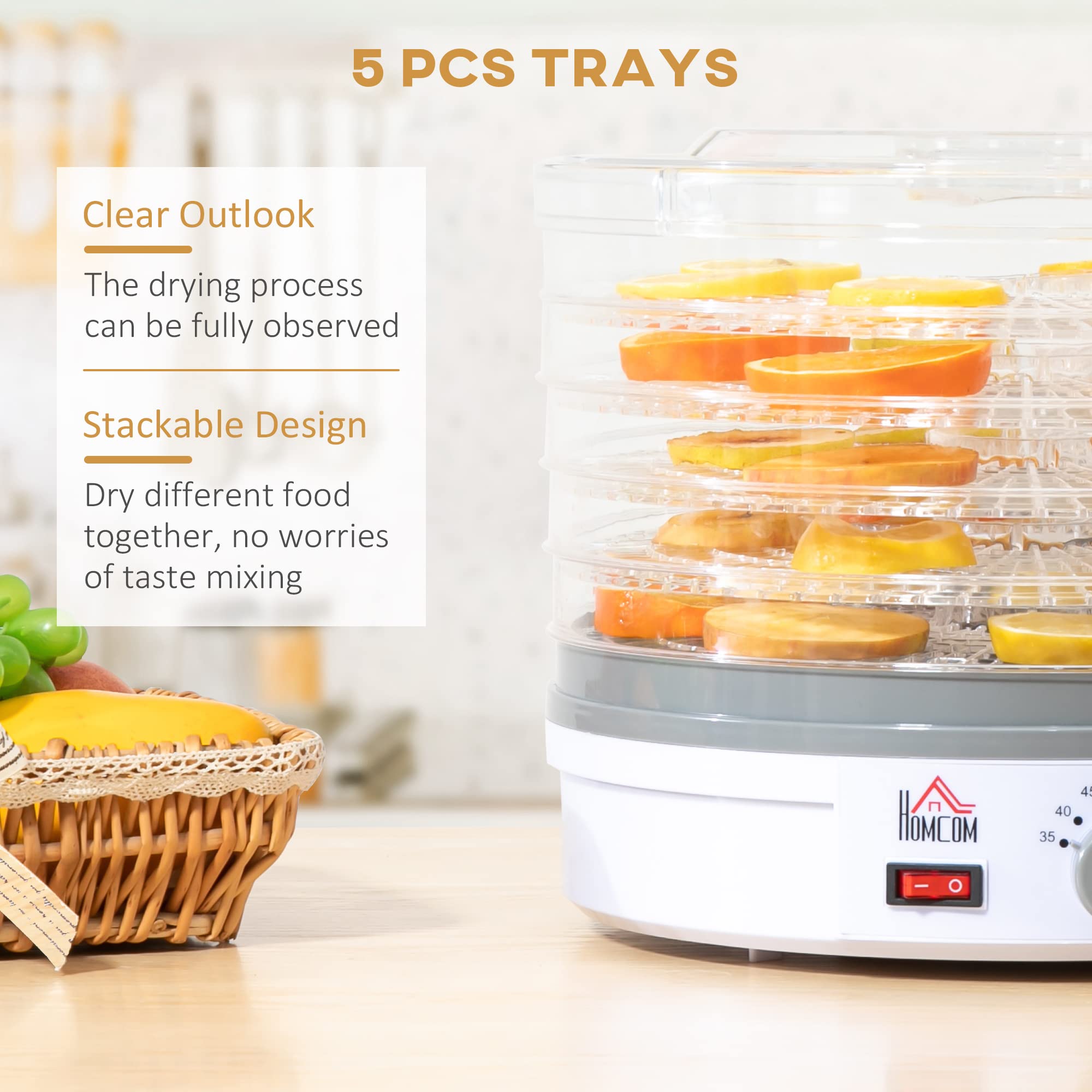 HOMCOM 5-Tier Food Dehydrator Machine - 245W Adjustable Temperature Control for Drying Fruits, Vegetables, Meat, Jerky & Pet Treats - White | Perfect for Home Kitchen, Camping & Healthy Snack Preparation