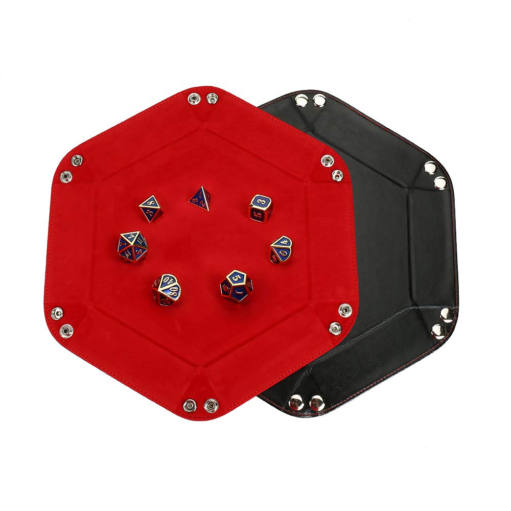 Premium Metal Dice Rolling Tray - Double Sided Folding PU Leather Storage Box for RPG, DND & Tabletop Games (Red) | Portable Game Accessory for Dungeons & Dragons, MTG, Board Game Nights