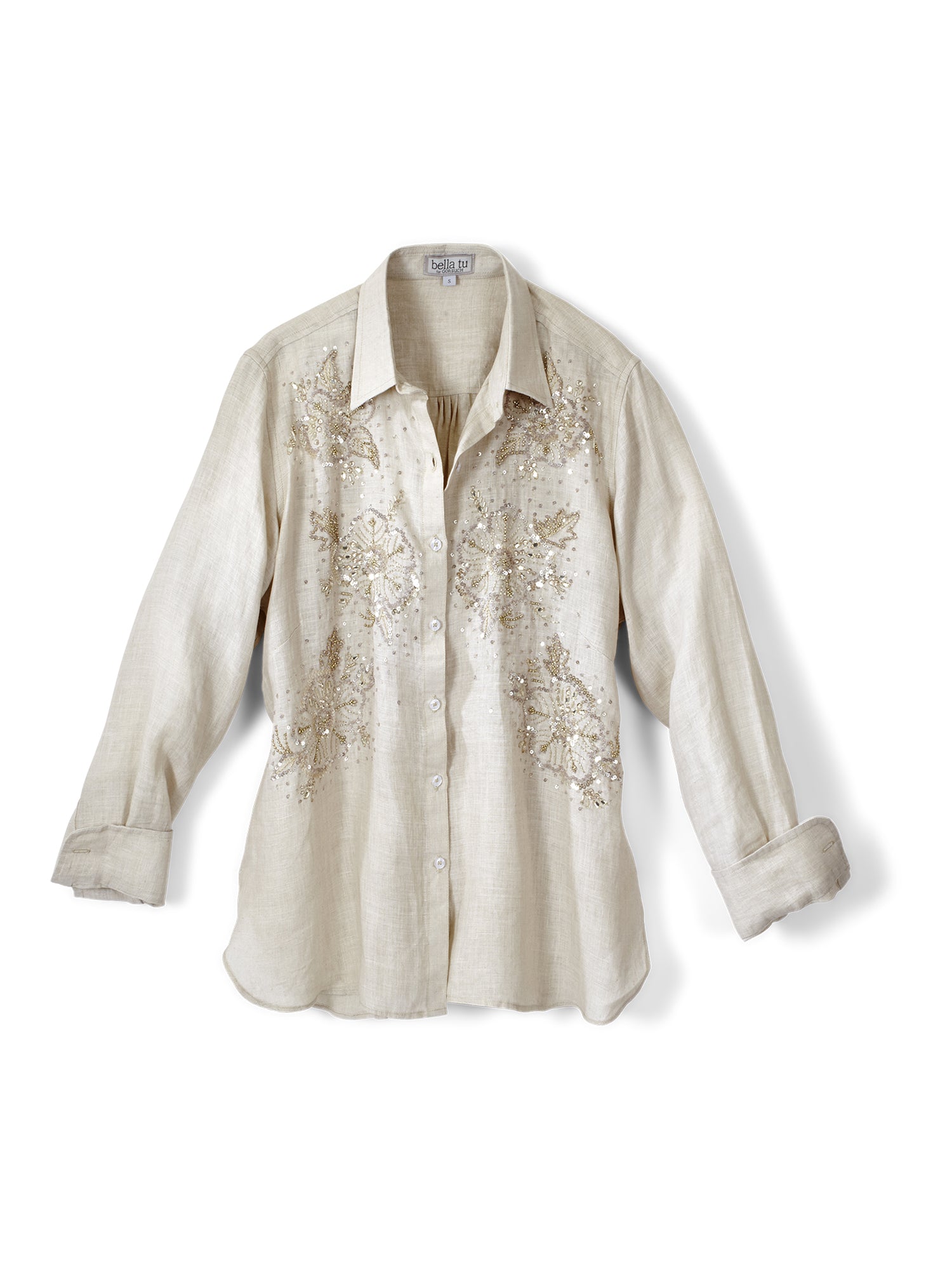 Agatha Beaded Linen Shirt for Women - Elegant Embroidered Blouse with Pearl Details - Perfect for Summer Outfits, Beach Vacations & Boho Chic Style