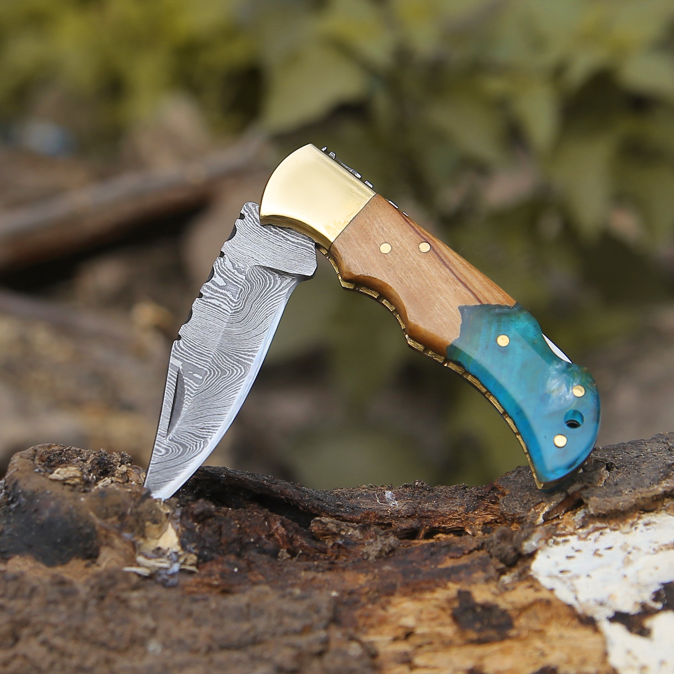 Premium Knight Pocket Knife - Olive Wood & Resin Handle Folding Knife - EDC, Camping, Hiking & Outdoor Survival Tool