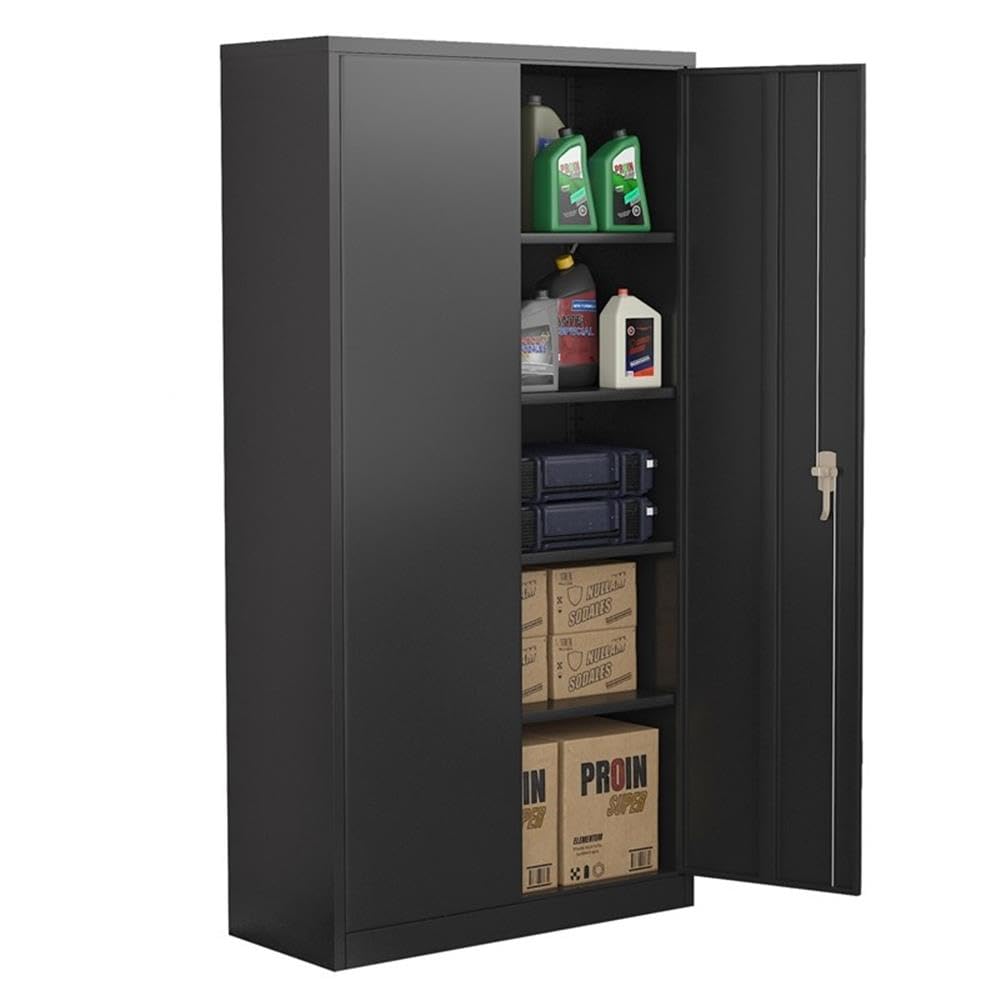 Heavy Duty Steel Locking Storage Cabinet with 4 Adjustable Shelves - Black Metal Security Cabinet for Garage, Warehouse & Office Organization