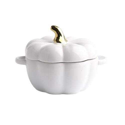 YUMUO Non-Stick Ceramic Pumpkin Bowl with Lid - Stylish White Serving Dish for Desserts, Fruits, Soups - Perfect for Cooking, Baking & Entertaining