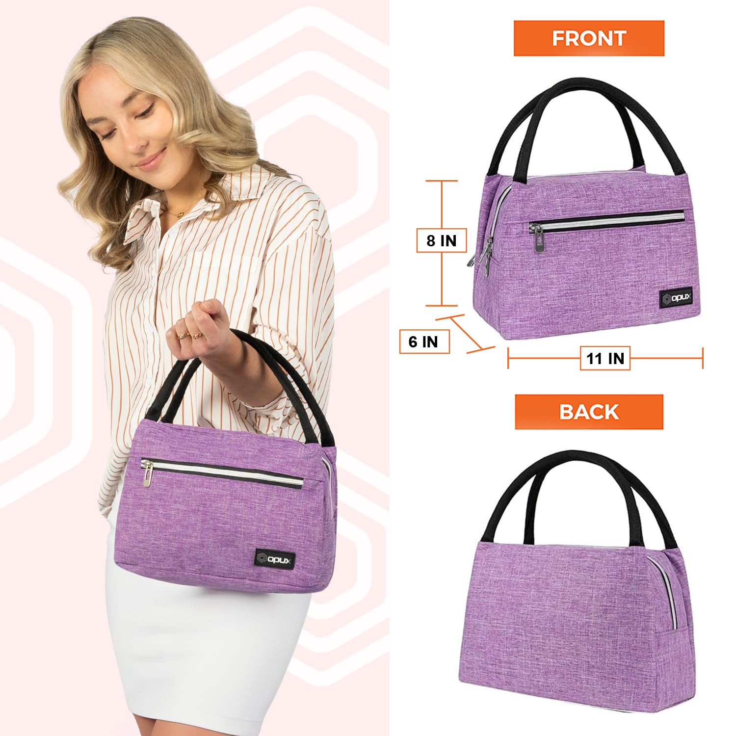OPUX Insulated Lunch Bag for Women & Girls - Reusable Cooler Tote for Work, School, Travel & Picnic - Fits 11 Cans - Heather Purple - Perfect for Office Lunches, School Meals & Outdoor Activities