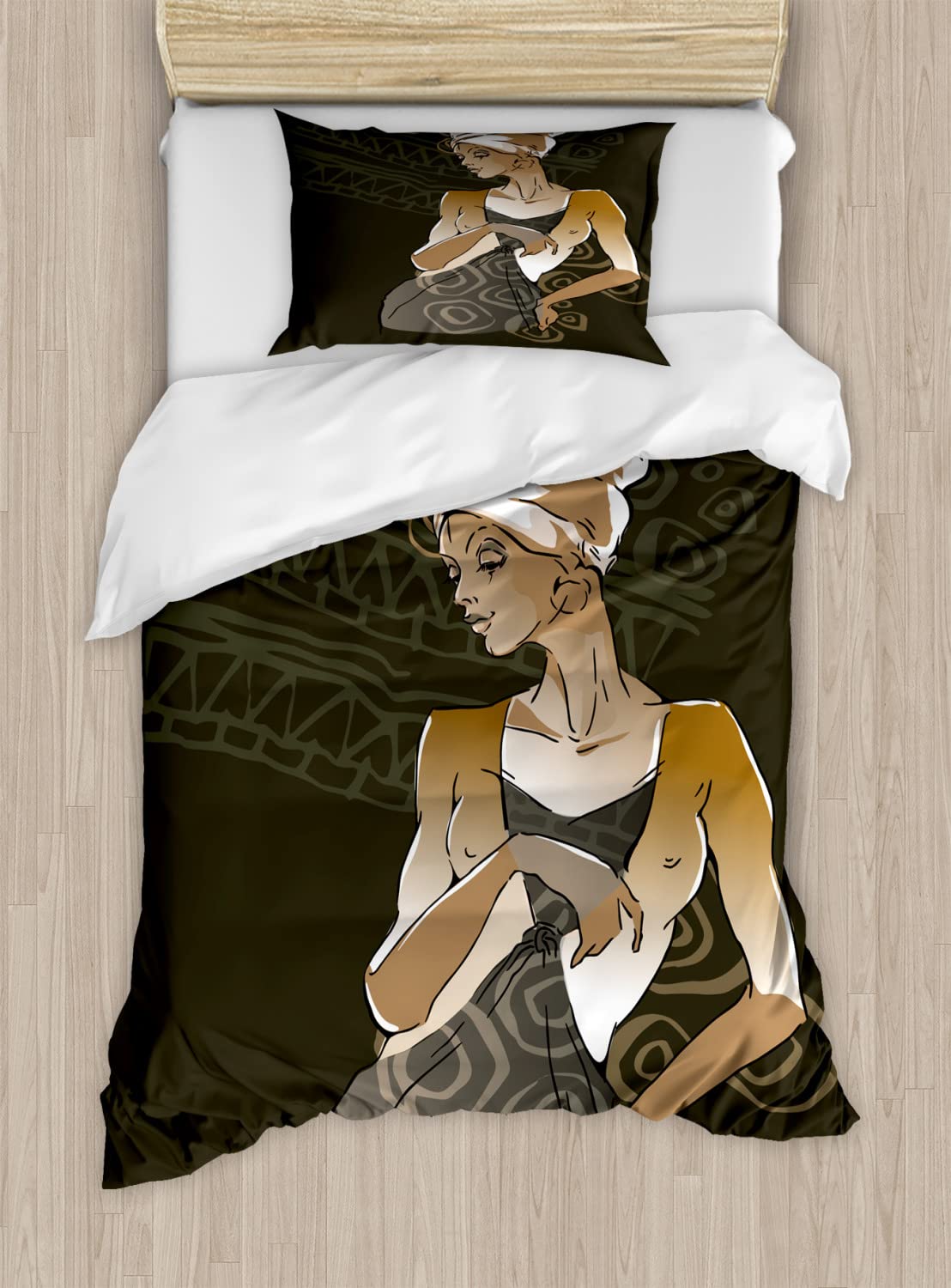 Ambesonne African Duvet Cover Set - Geometric Lady Sketch Doodle Print Bedding Set with 2 Duvet Covers & 2 Pillowcases, 2-Pack Twin Size in Taupe Pale Brown | Boho Chic Bedroom Decor for Teens & Adults