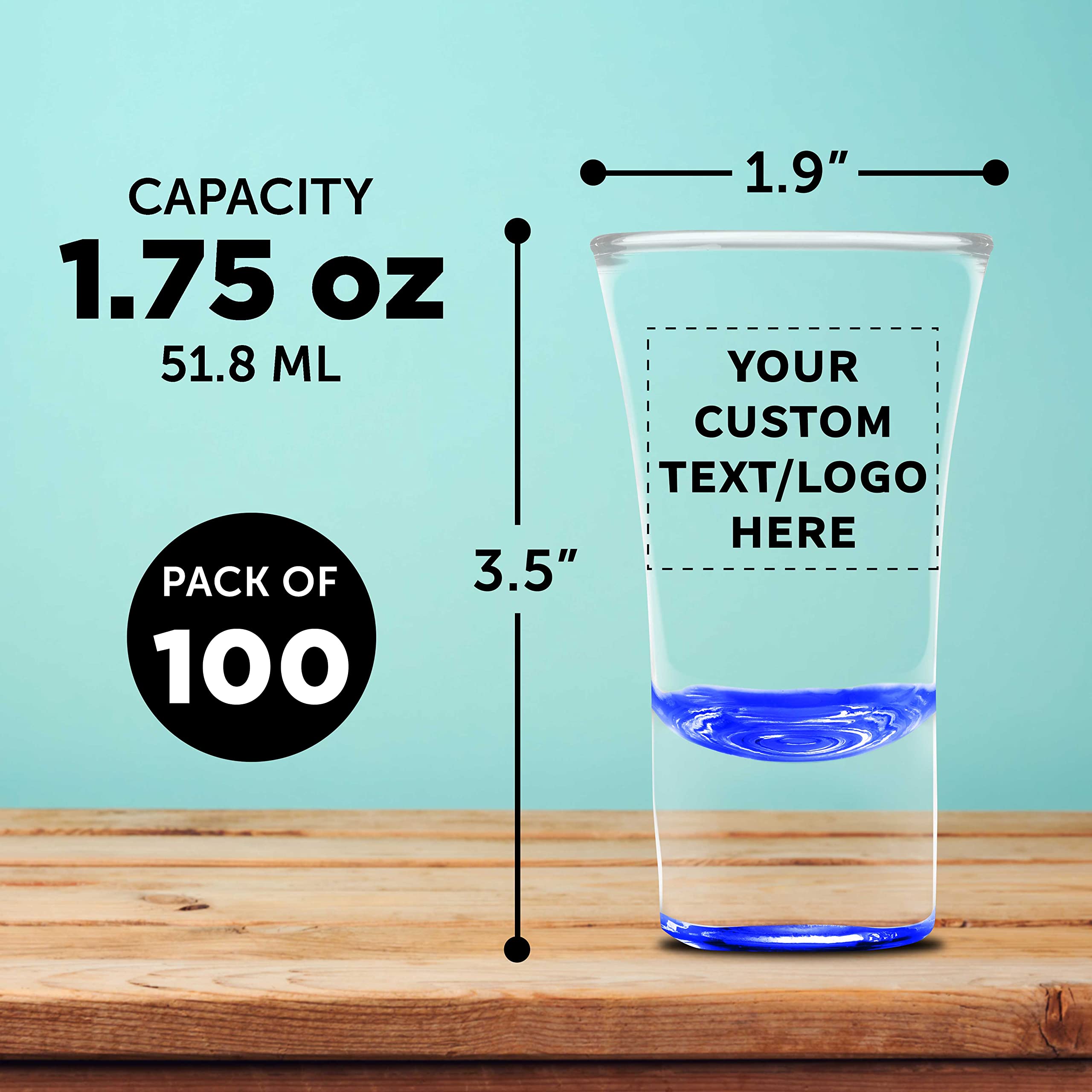 Custom 2 oz. Lord Shooter Etched Shot Glasses - 100 Pack with Personalized Text & Logo - Perfect for 21st Birthday Parties, Bars, Lounges & Home Entertaining - Blue Glassware Set for Shots & Cocktails