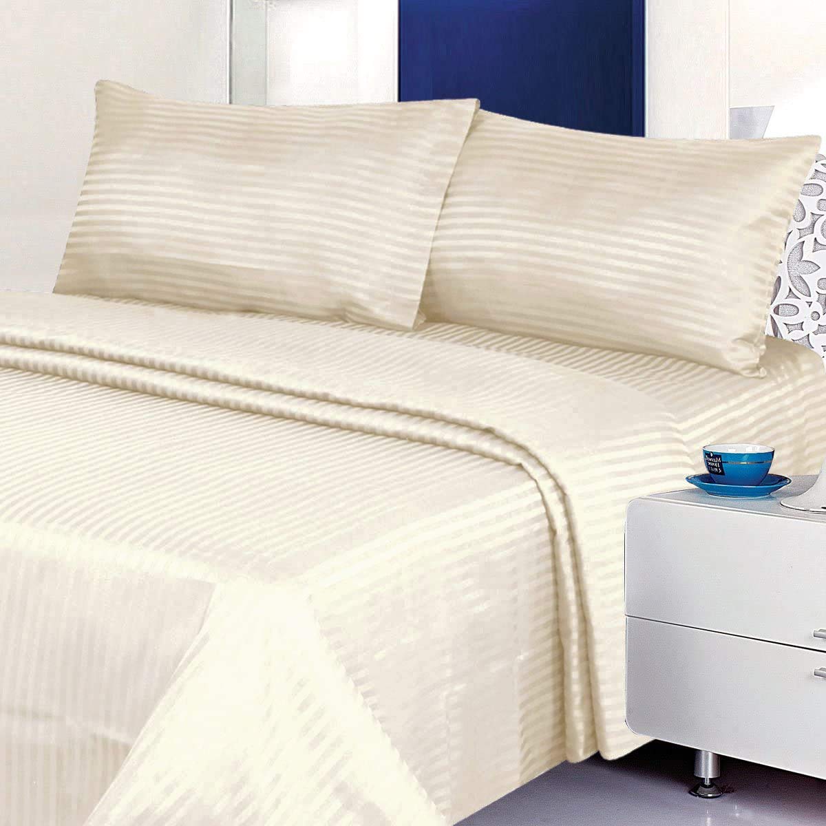 Premium 600 Thread Count 100% Long Staple Cotton Twin XL Sheet Set - 4 Piece Beige Stripe Bedding with Deep 15