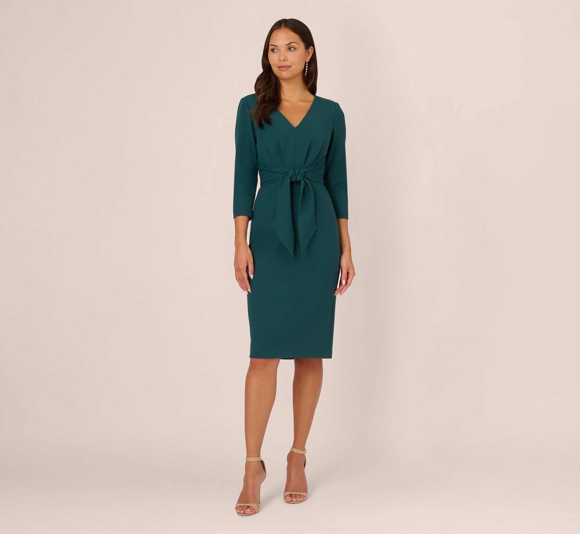 Three Quarter Sleeve Pleated Midi Dress with Tie Waist in Hunter Green | Flowy Women's Casual Dress for Office, Date Night & Spring Outfits
