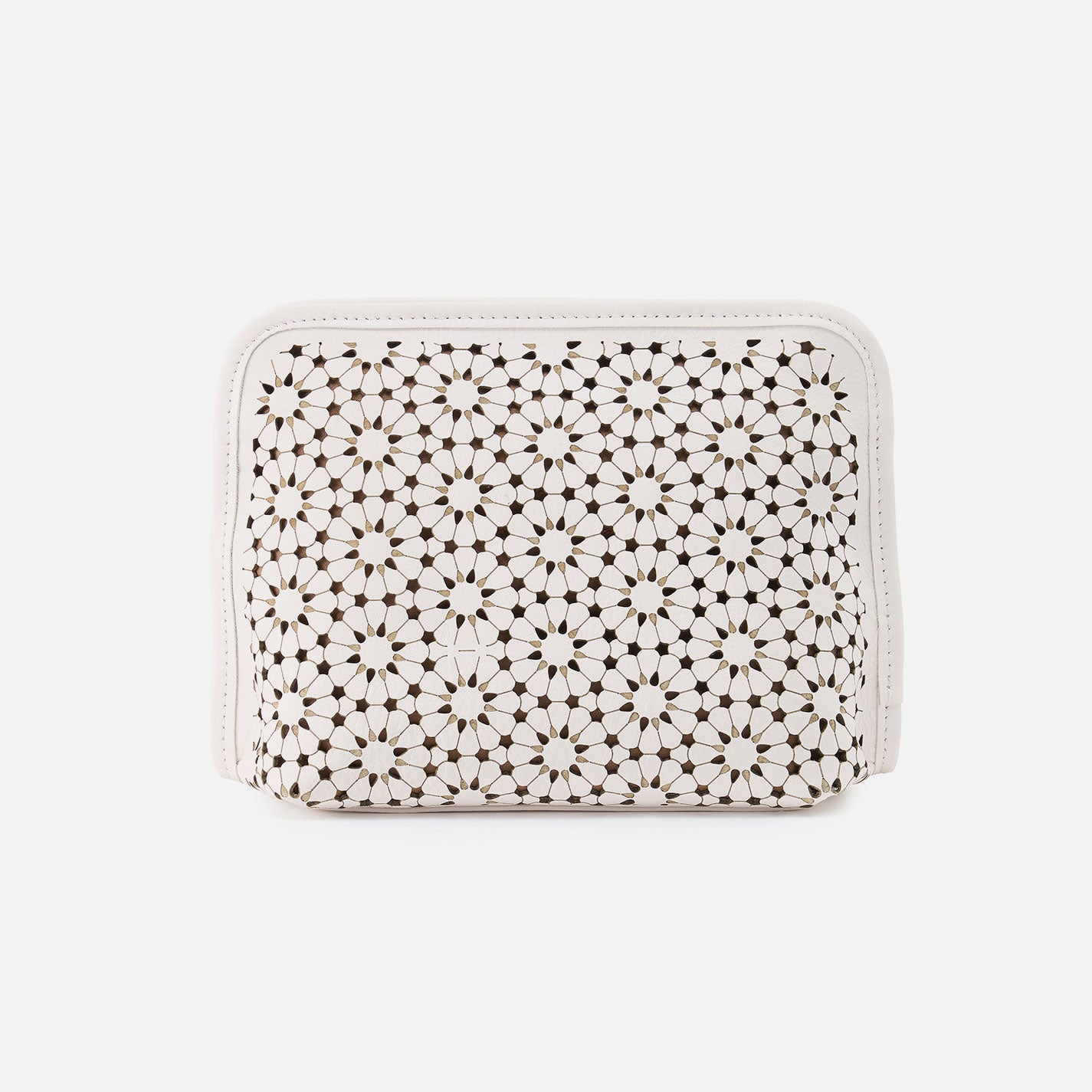 Elegant Perforated Leather Cosmetic Bag - Ecru Daisy Print Makeup Pouch for Travel & Daily Essentials | Perfect for Women's Toiletries, Jewelry, and Accessories Storage