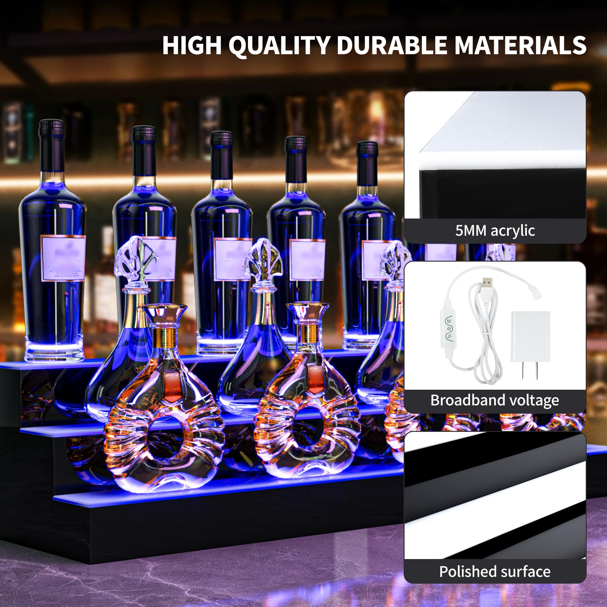 YITAHOME 40-inch 3-Tier LED Lighted Liquor Bottle Display Shelf - Acrylic Wall Mounted Whiskey Rack with Remote & App Control - Perfect for Home Bar, Counter Display & Party Decor
