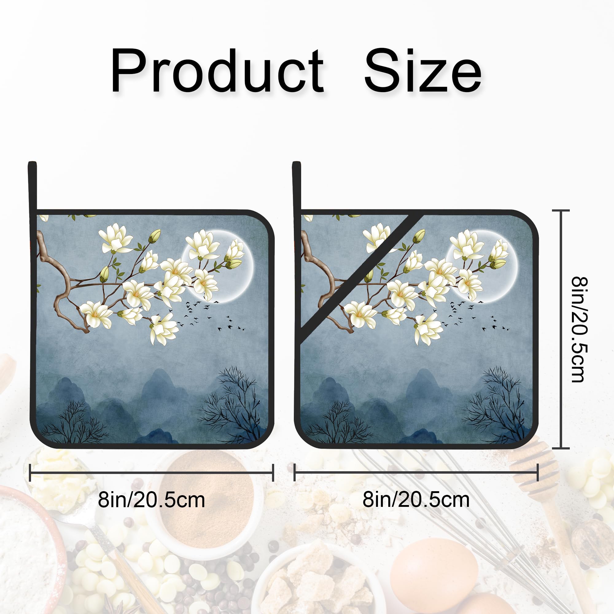**2-Pack Japanese Moon Blossom Heat Resistant Pot Holders – BBQ, Baking & Cooking Hand Protection for Men & Women – Perfect for Grilling, Oven Use & Hot Dish Handling**