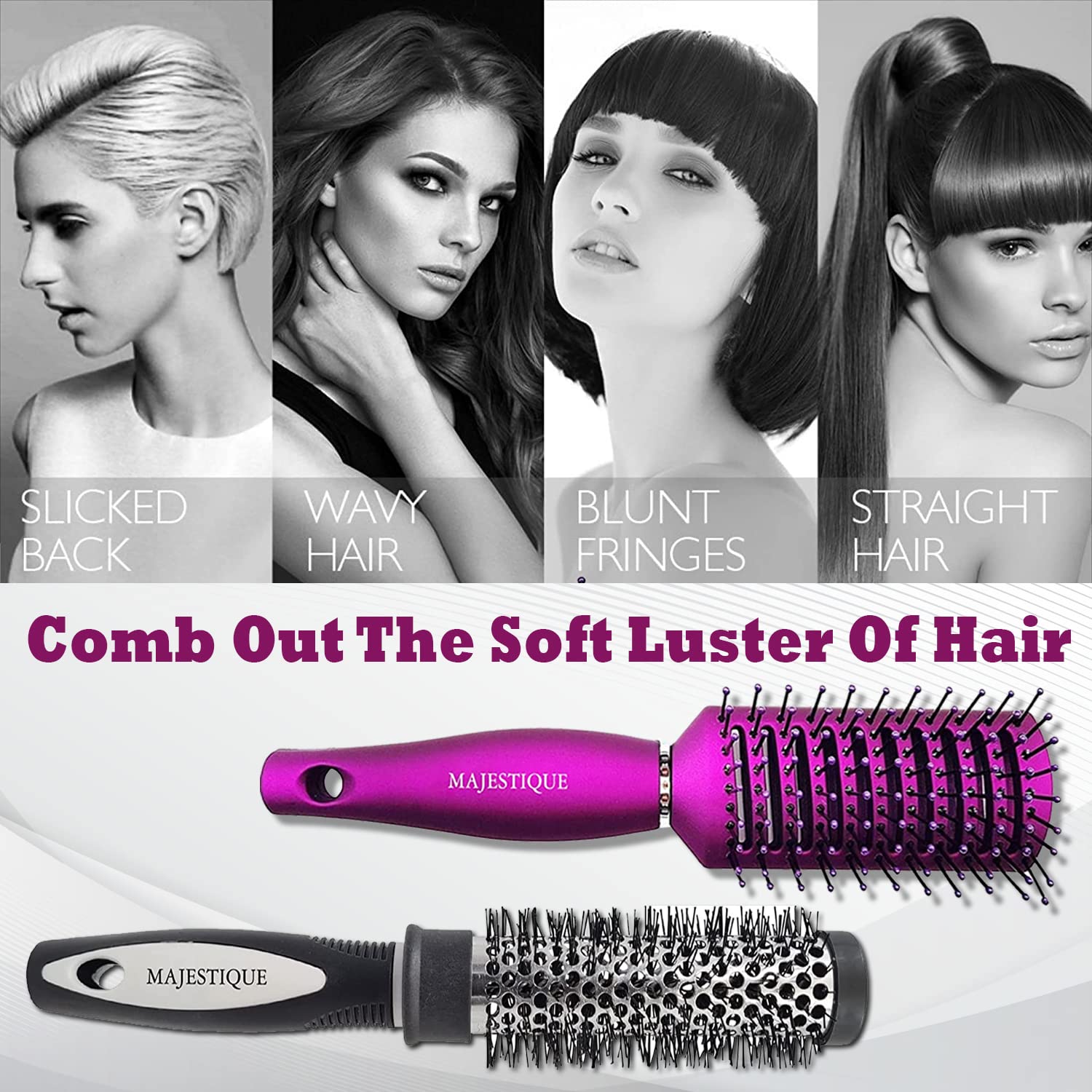 Majestique Hair Brush Set - Detangling Brush, Round Blow Dry Brush & Vent Hair Brush for Smooth Styling - Professional Hair Brushes for Women (Purple/Black) - Perfect for Home Salon, Travel & Daily Hair Care