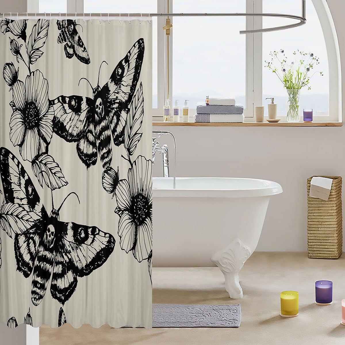 Gothic Skull Shower Curtain Set - Death Moth & Floral Design, Black & Cream Waterproof Bathroom Curtain 72x78 Inches - Perfect for Halloween Decor, Gothic Bathroom Theme, and Unique Home Decor