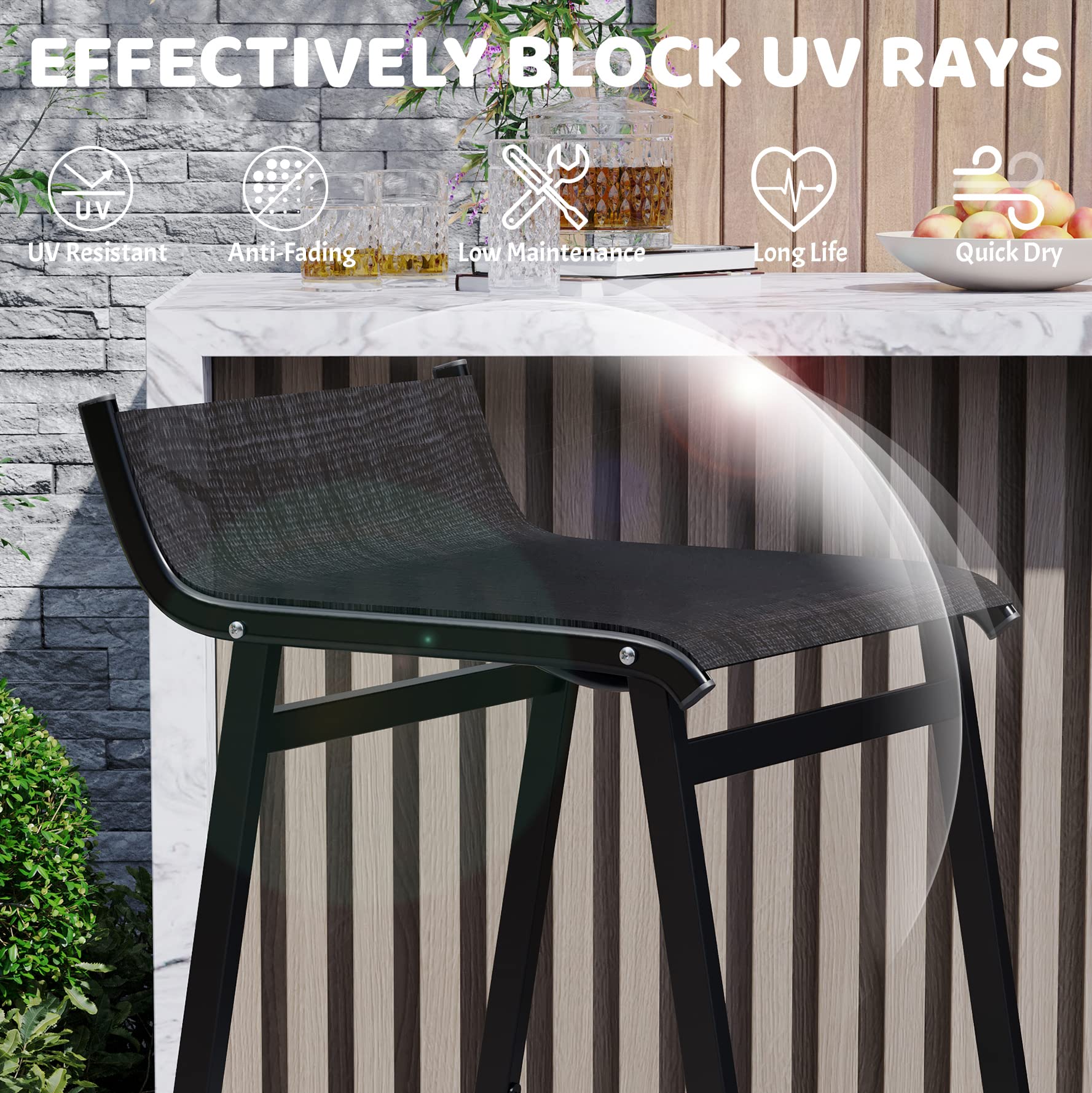 Sundale Outdoor Black Patio Bar Stools Set of 2 - Low Back Metal Counter Height Bar Chairs for Porch, Deck, Poolside & Backyard - Durable Armless High Top Stools for Outdoor Dining & Entertaining