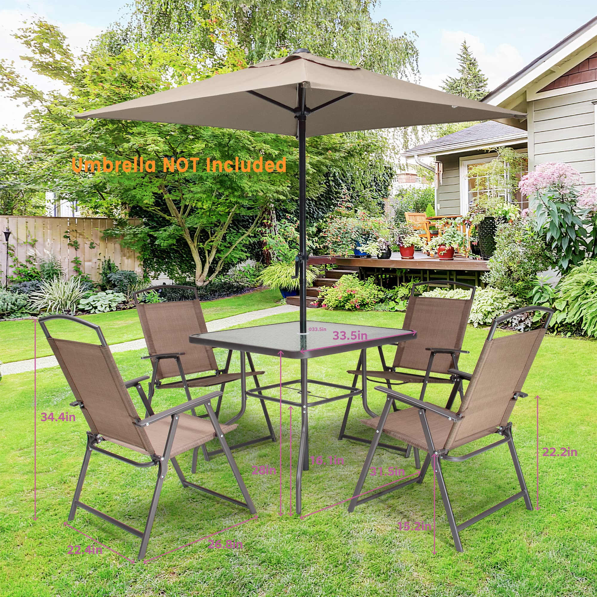5-Piece Outdoor Dining Set - Metal Patio Table & 4 Folding Chairs with Square Glass Top & Umbrella Hole - Brown Garden Furniture for Balcony, Porch, Deck, Lawn - Perfect for Backyard BBQs & Summer Entertaining