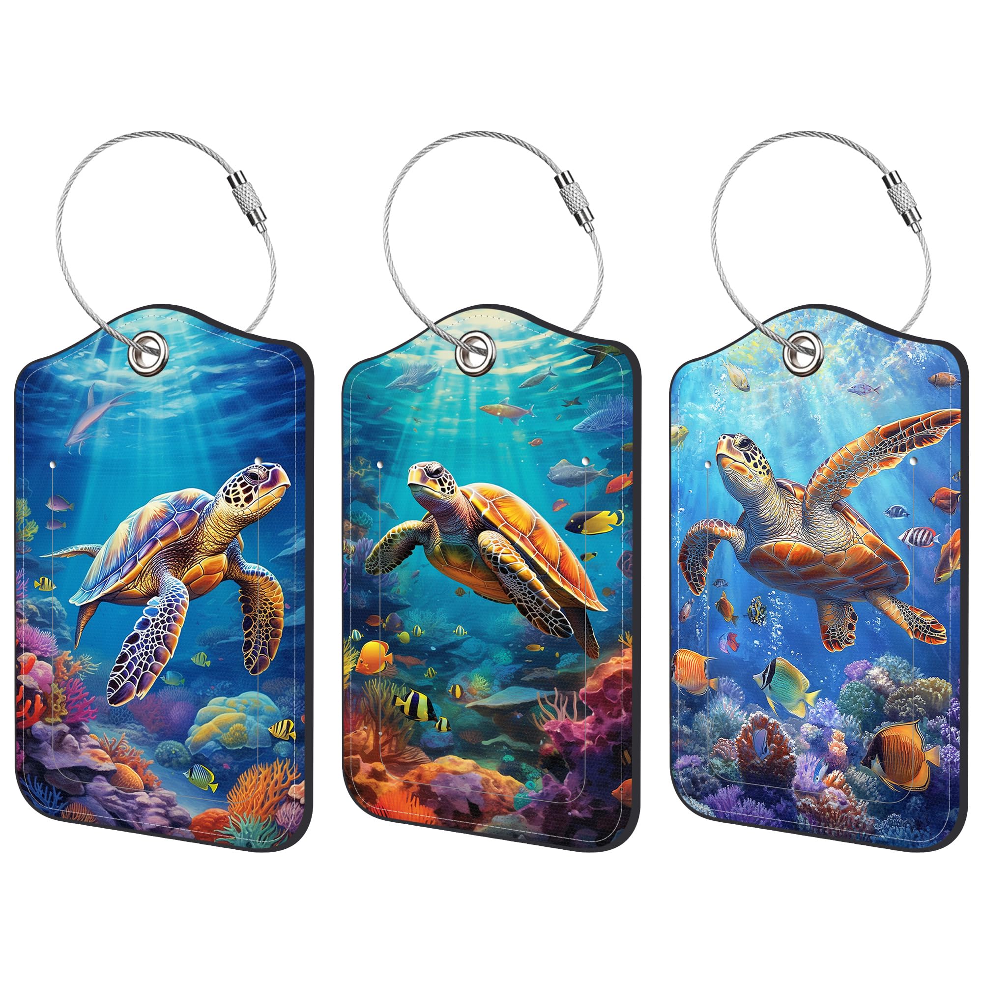 3 Pack PU Leather Luggage Tags for Suitcases - Sea Turtle Design with Privacy Cover & Stainless Steel Loop - Durable ID Tags for Travel, Handbags, School Backpacks & Business Trips - Perfect for Airports, Hotels & Cruise Vacations