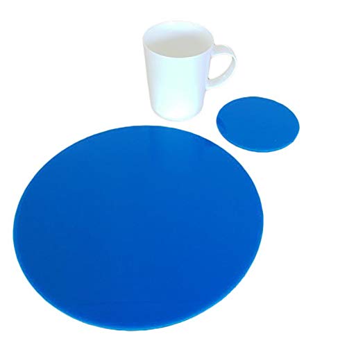 Round Non-Slip Placemat and Coaster Set - 6 Pack Bright Blue Table Mats with 6 Matching Drink Coasters - Perfect for Dining Tables, Kitchen Countertops, and Party Decor