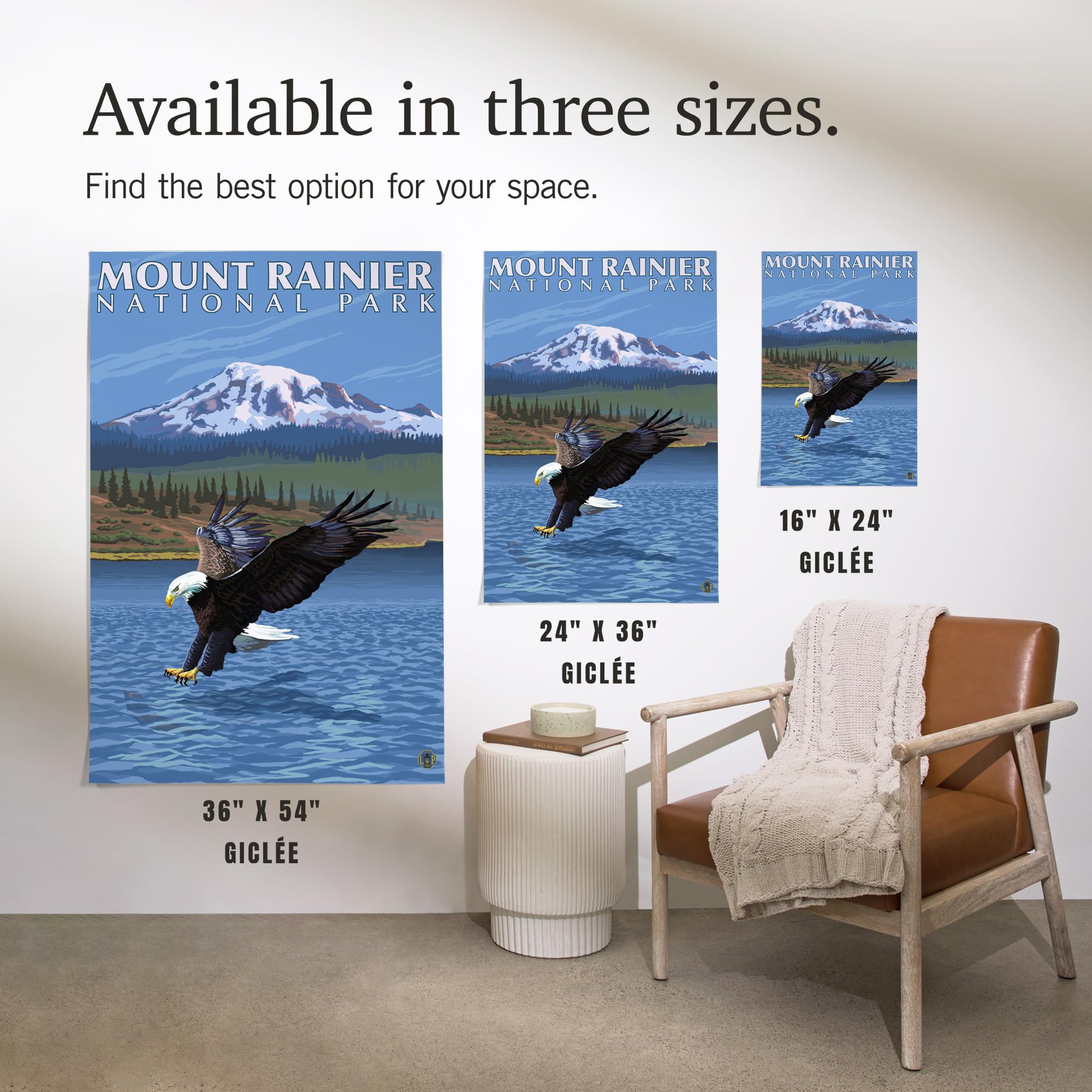Lantern Press 16x24 Inch Giclee Print - Mount Rainier Washington Landscape Art with Eagle Fishing - Premium Wall Decor for Living Room, Bedroom & Office