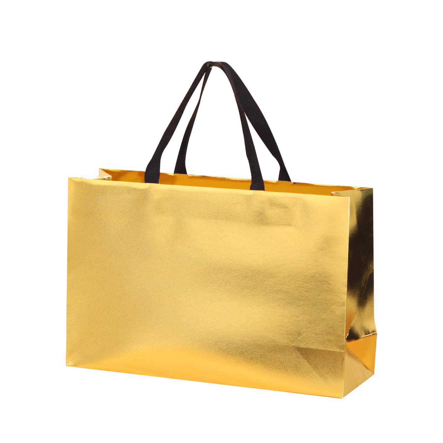 10pcs Large Gold Shiny Gift Bags with Black Cotton Handles - 15.7x5.5x11.8 Inches - Thick & Sturdy for Birthday, Wedding, Christmas & Party Favors