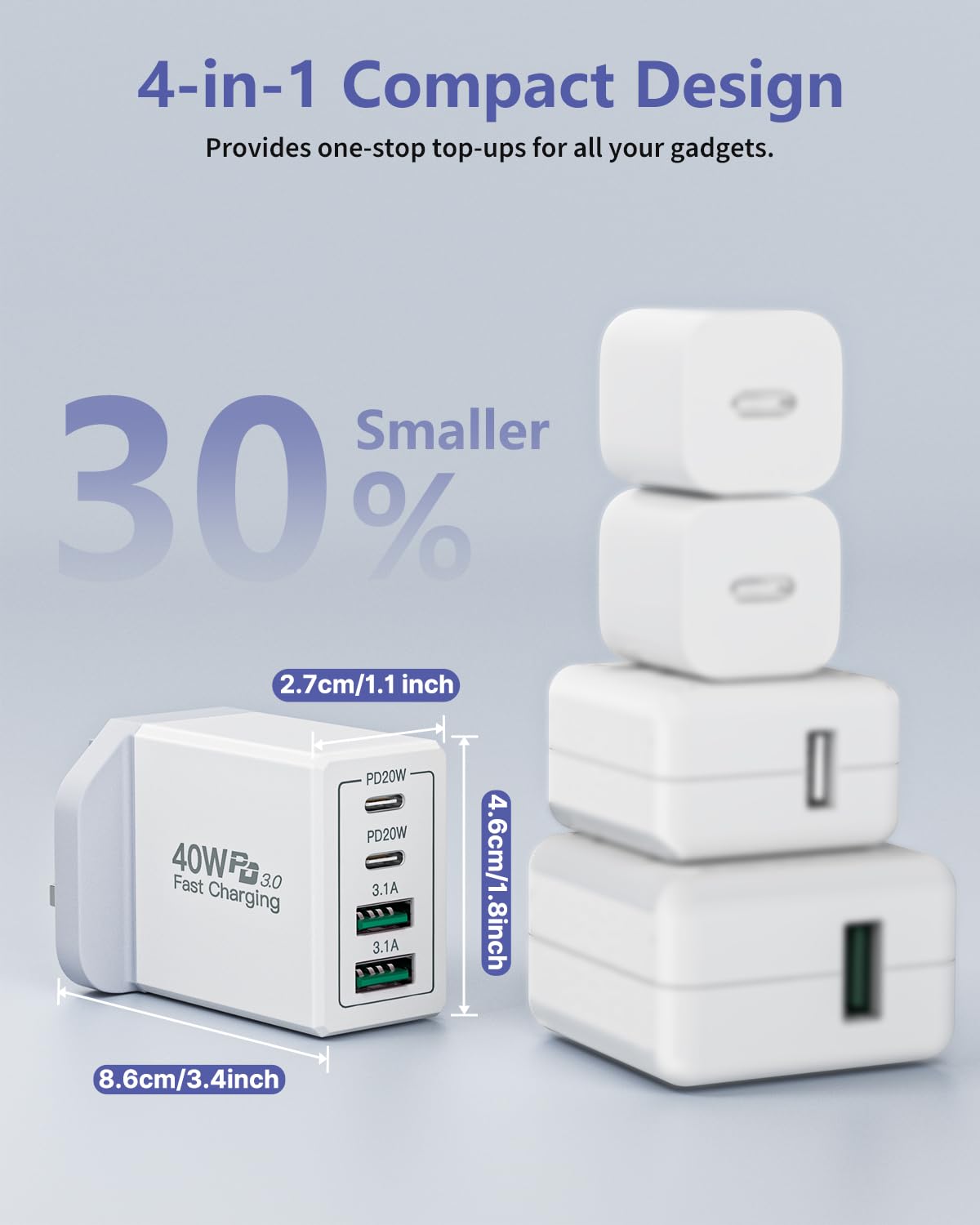 40W 4-Port USB C Fast Charger with PD & QC 3.0 - UK Wall Plug for iPhone 15/14/13/12/11 Pro Max/SE/XS/XR/8, iPad, Samsung Galaxy - Perfect for Travel, Office & Home Charging Multiple Devices Simultaneously