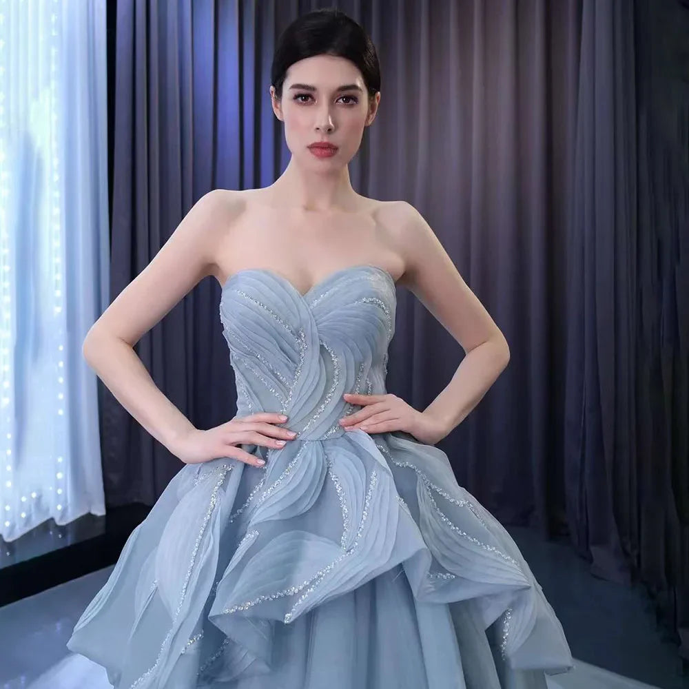 Luxury Custom Gray Blue Beaded Lace-Up Ball Gown Wedding Dress HM231064 - Perfect for Bridal Ceremonies, Formal Events & Special Occasions