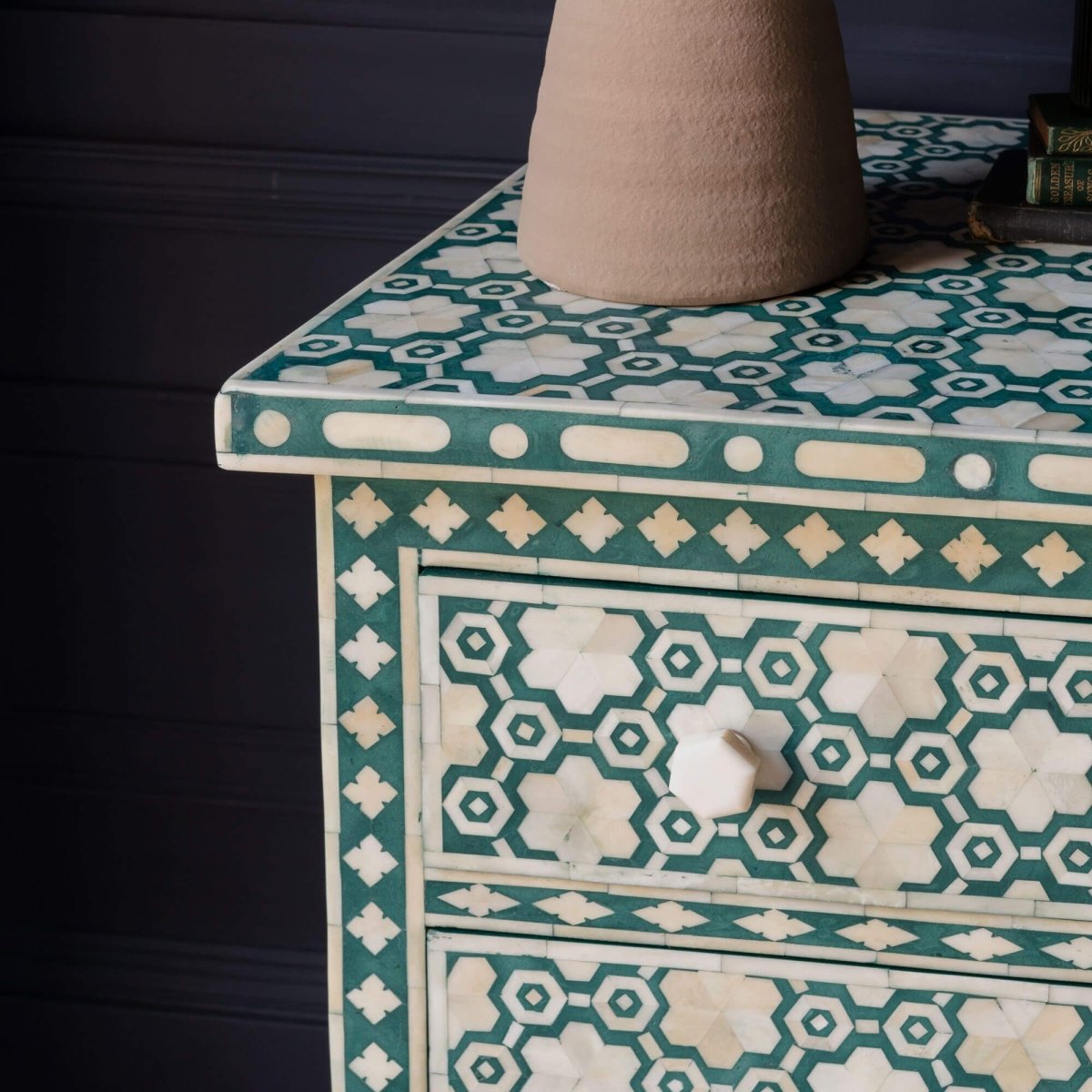 Handmade Floral Bone Inlay Six-Drawer Dresser - Green Bone Inlay Furniture for Bedroom & Living Room Decor