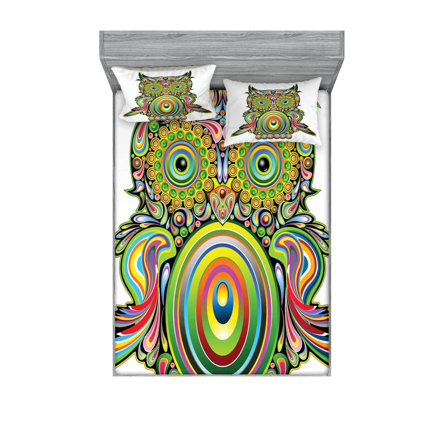 Ambesonne 2-Pack Queen Size Fitted Sheet & Pillow Sham Set - Owl Eye Design, 4-Piece Bedding Set (2 Fitted Sheets + 4 Pillow Covers) - Vibrant Multicolor Home Decor for Cozy Bedroom & Guest Room