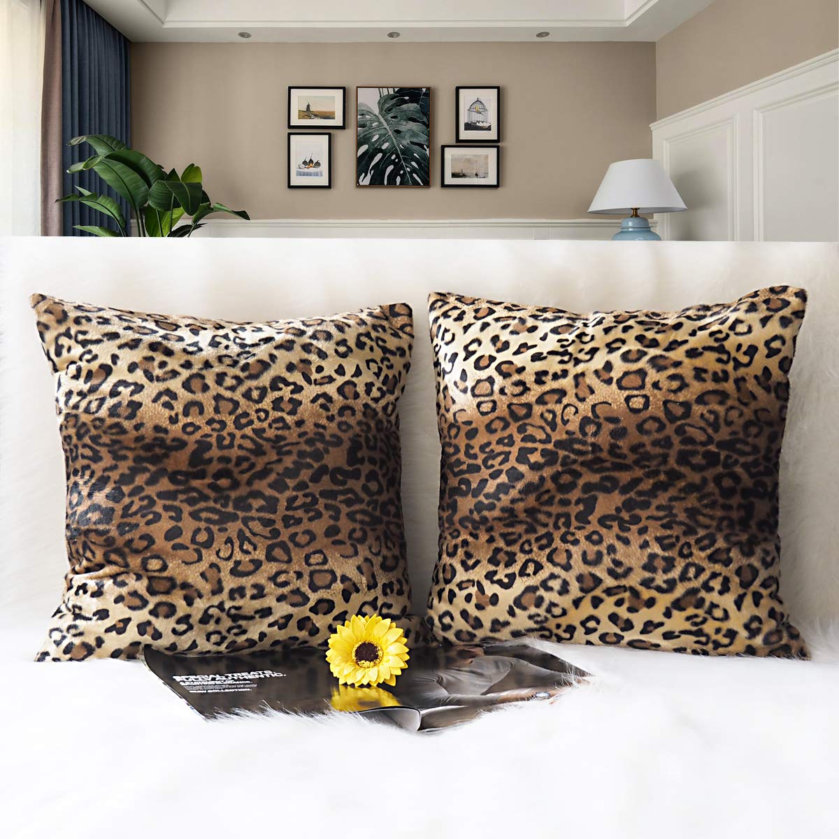 CARRIE HOME Soft Plush Leopard Print Faux Fur Decorative Throw Pillow Covers Set of 2 (18x18 Inches) - Cozy Couch & Sofa Accent Pillows for Living Room, Bedroom Decor - Perfect for Home Styling and Gift Giving