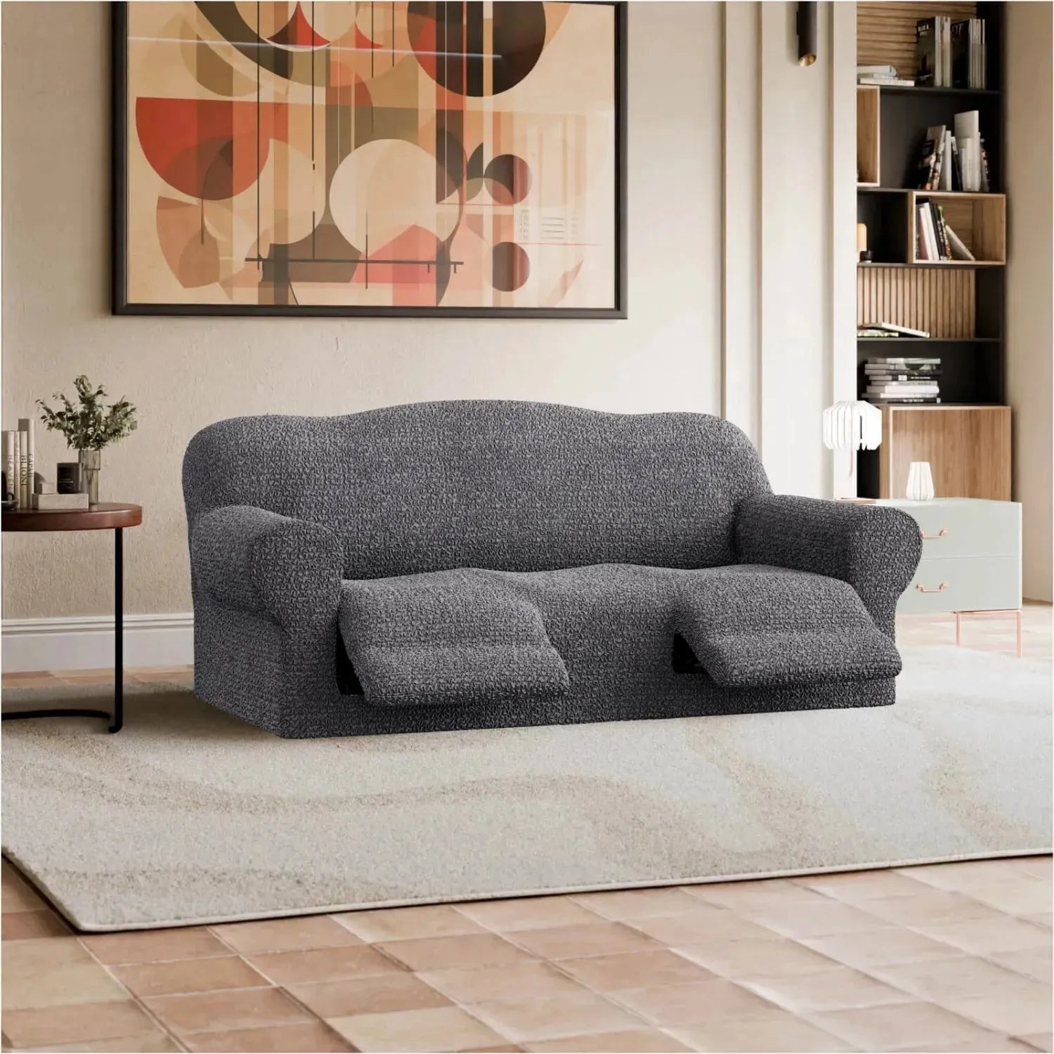 3 Seater Recliner Slipcover - Mille Righe Collection | Stretchable Sofa Cover for Living Room, Family Room & Home Theater | Easy Wash & Anti-Slip Design