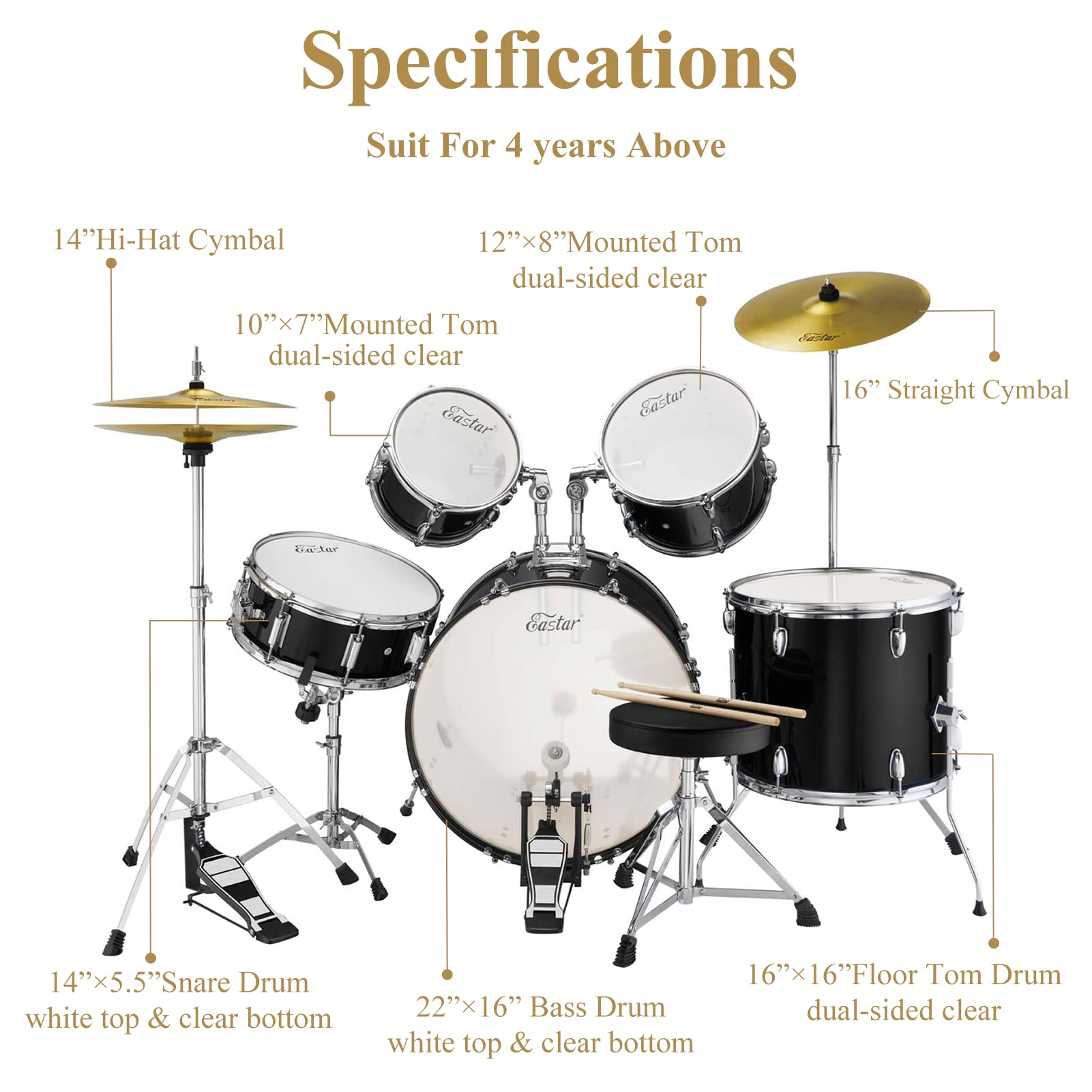 Eastar 22 Inch 5-Piece Full Size Drum Set for Adults & Beginners - Complete Drum Kit with Pedal, Cymbals, Stands, Stool & Drumsticks in Mirror Black - Perfect for Home Practice, Music Lessons & Live Performances