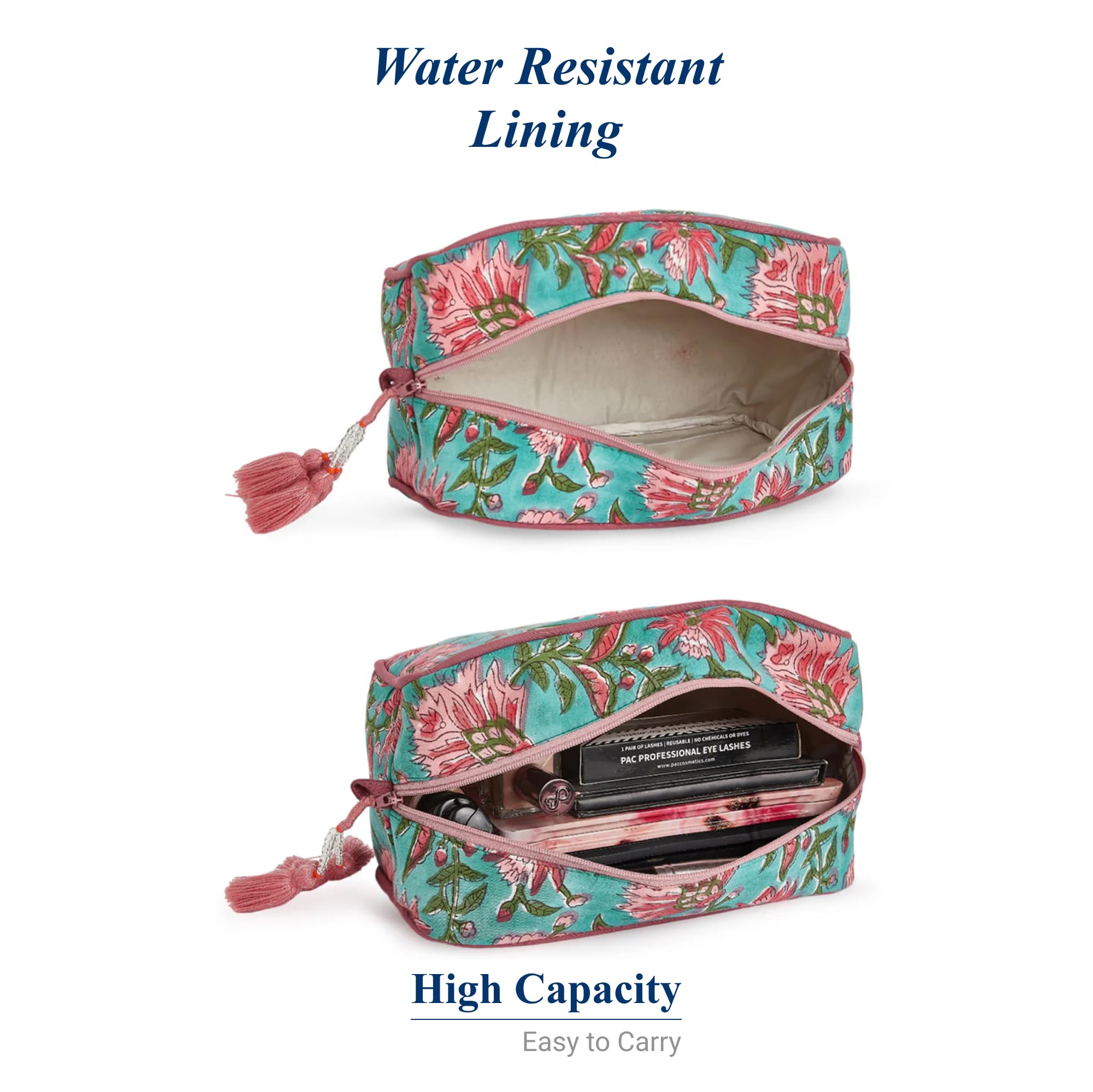 Large Waterproof Travel Makeup Bag for Women - Spacious Cosmetic Organizer with Water-Resistant Lining - Portable Toiletry Pouch for Makeup Essentials (Green & Pink Floral) - Perfect for Vacation, Gym & Daily Use