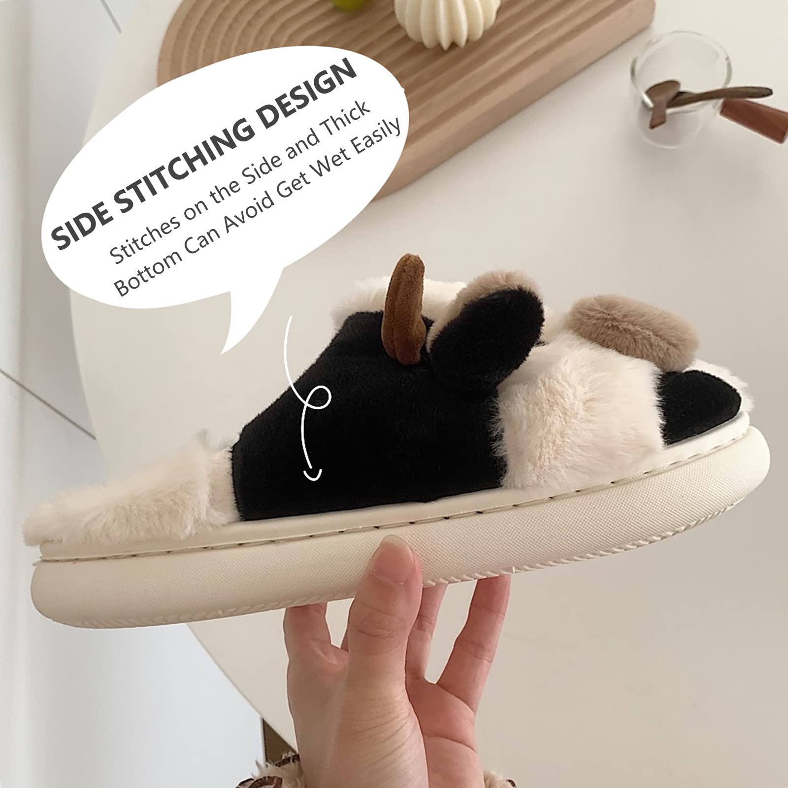Cozy Cow Slippers for Women - Soft Fluffy Kawaii Animal Slippers with Thick Non-Slip Sole | Warm Indoor/Outdoor House Shoes for Winter, Lounge, Home, Dorm & Gift Giving