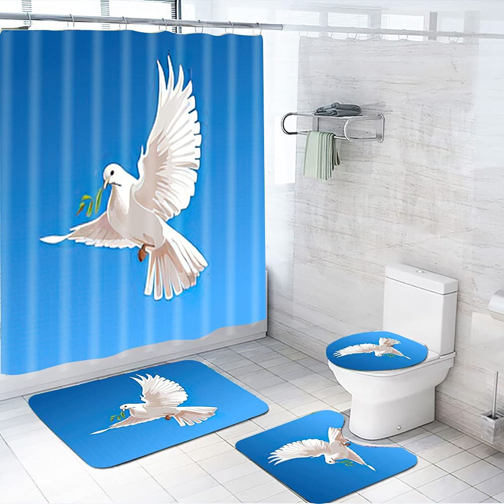 Peace Sign 4-Piece Shower Curtain Set - White Doves & Blue Business Design with Toilet Cover & Floor Mat - 72x72 Inch Bathroom Decor for Modern Homes & Apartments
