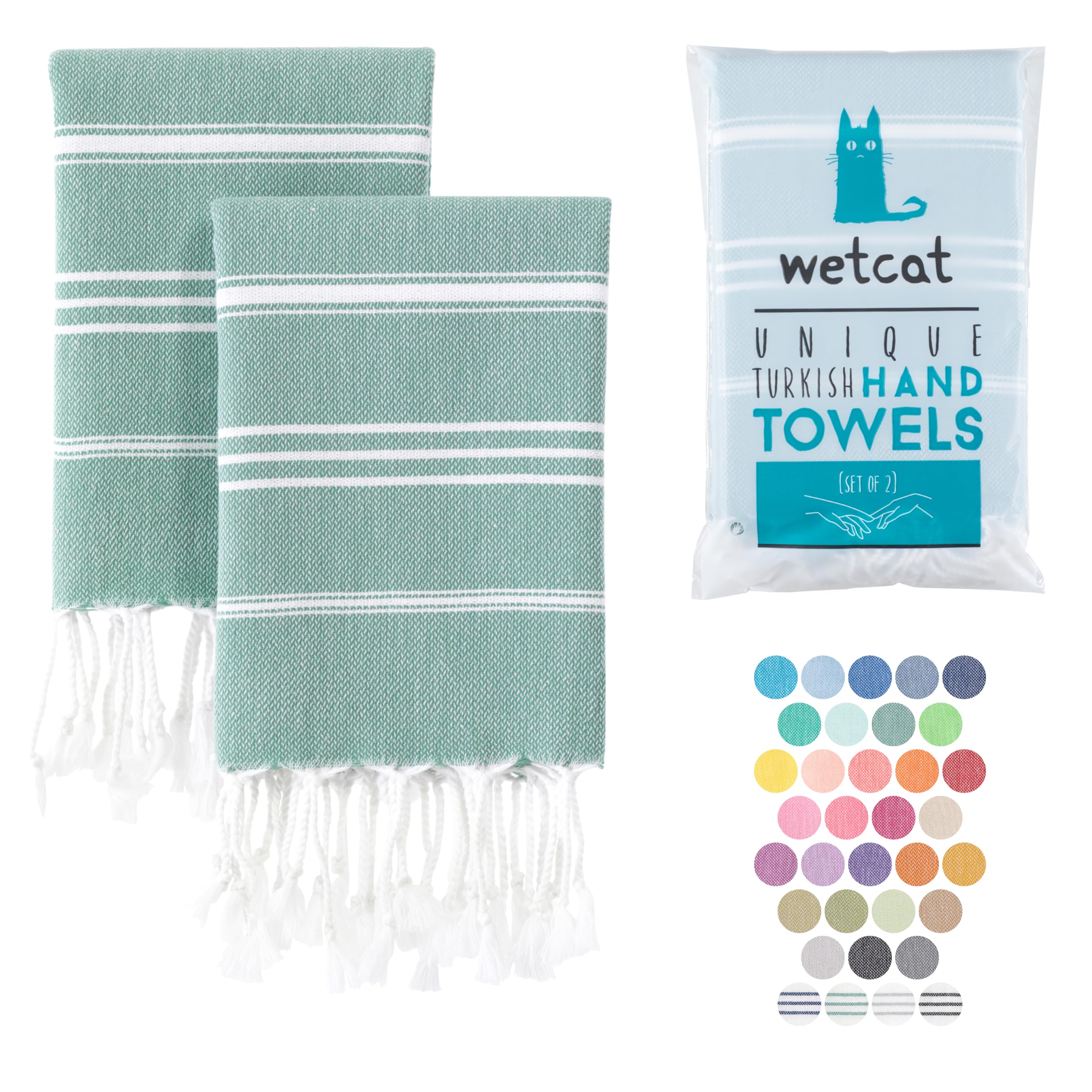 Premium WETCAT Turkish Hand Towels Set of 2 - 100% Turkish Cotton, Pre-Washed & Quick Drying (20