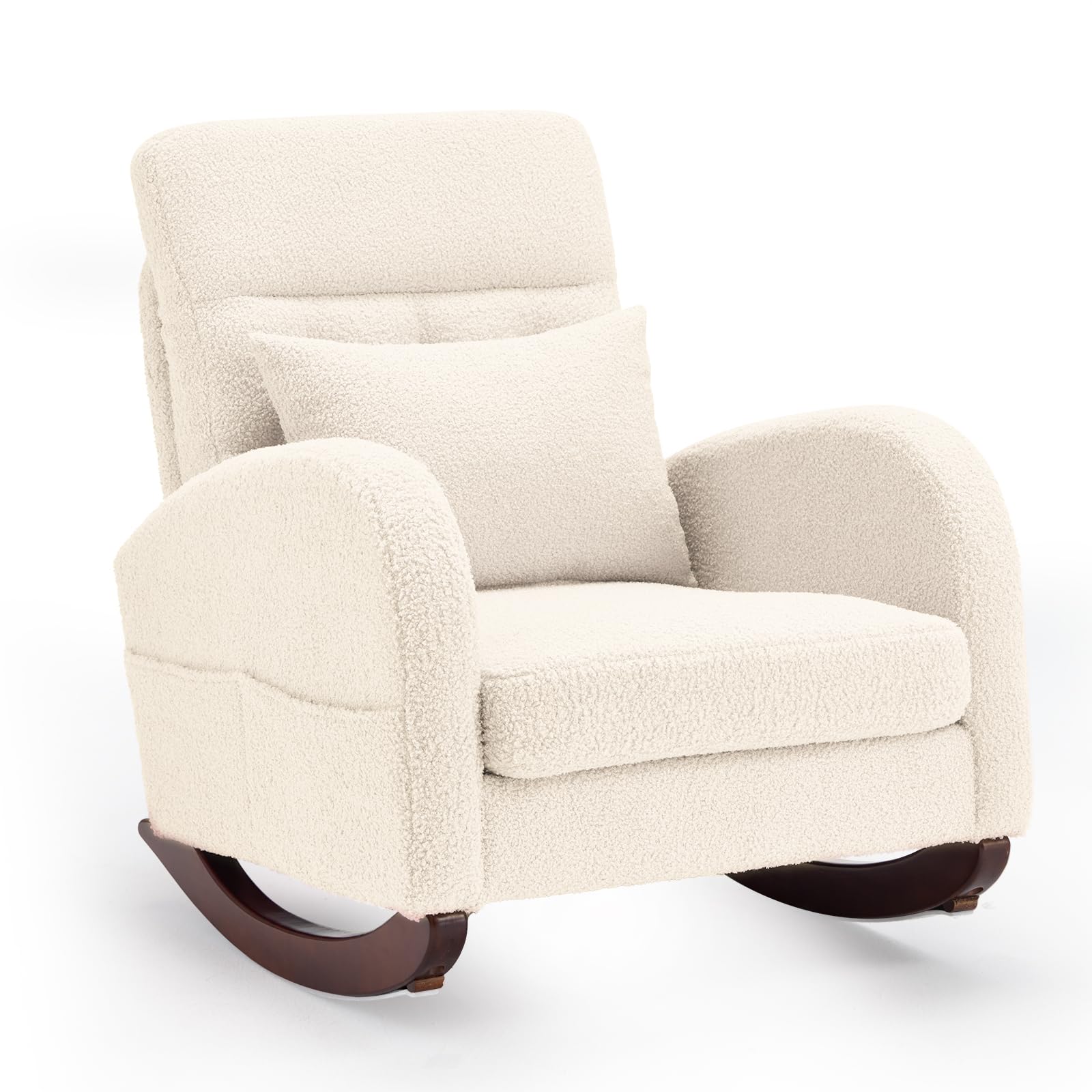 Comfortable Upholstered Nursery Rocking Chair with High Back & Side Pocket - Rubber Wood Legs Glider for Living Room, Bedroom & Baby Nursery - Perfect for Breastfeeding, Reading & Relaxing