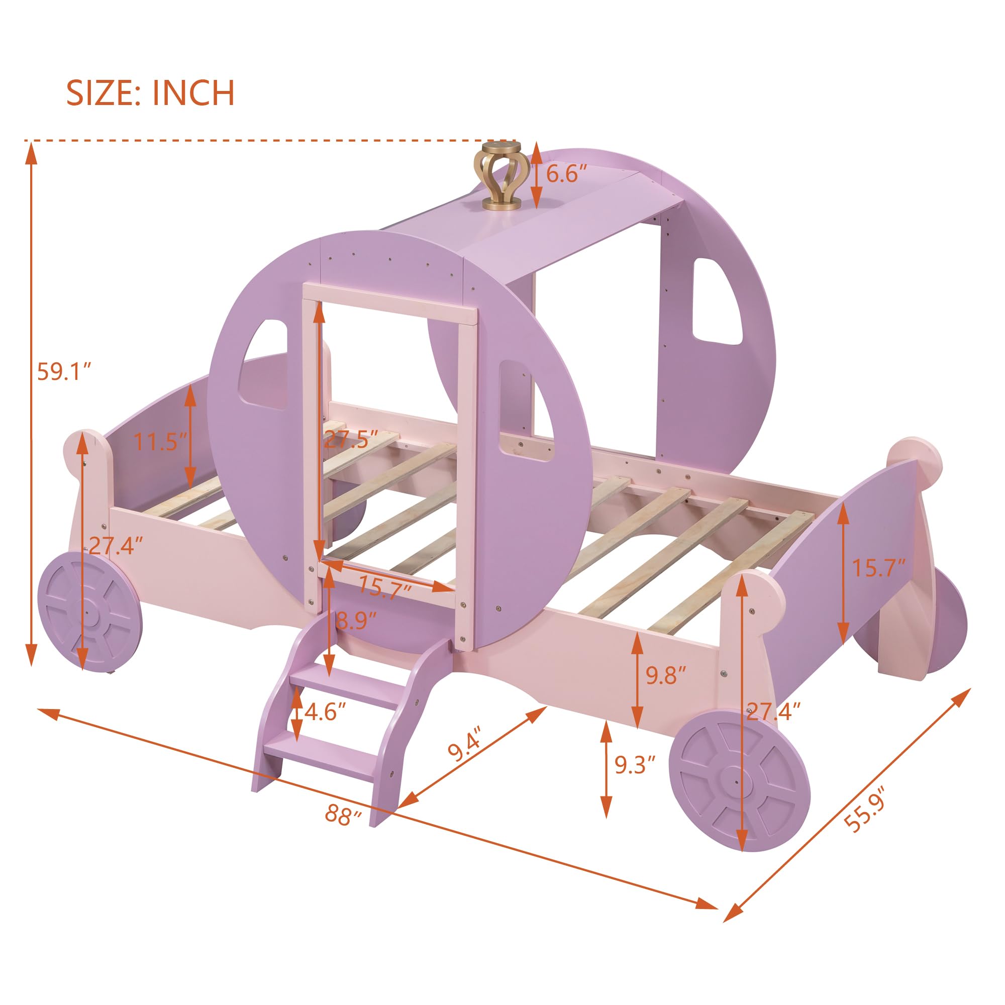 **Royal Princess Carriage Twin Bed for Girls - Wooden Platform Bed Frame with Crown & Stairs - Purple & Pink Kids Bedroom Furniture - Perfect for Princess-Themed Bedrooms & Sleepovers**