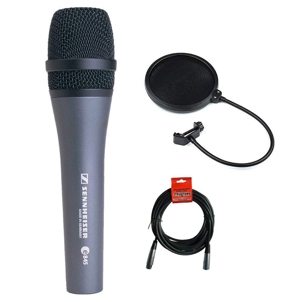 Sennheiser E845 Super Cardioid Handheld Dynamic Microphone with XLR Cable & Pop Filter - Professional Vocal Mic for Live Performances, Studio Recording & Podcasting