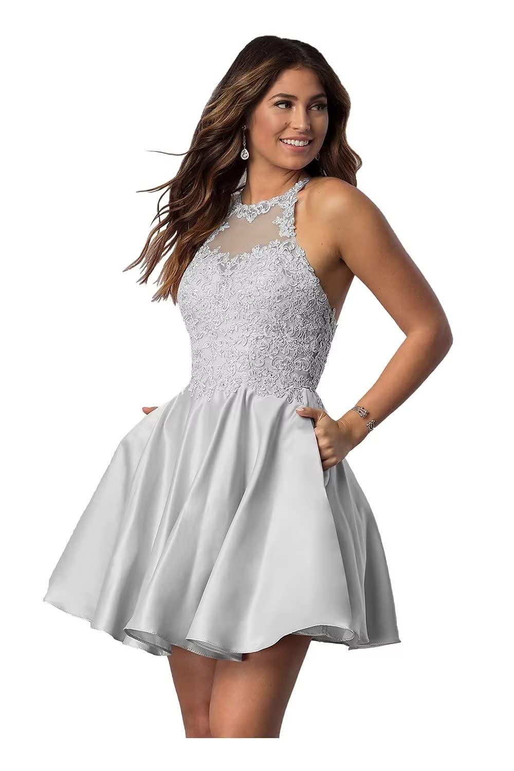 Elegant Lace Applique Short Homecoming Dresses with Pockets | Halter Prom Dresses for Teens 2024 | Satin Cocktail Party Dresses for Formal Events & Special Occasions
