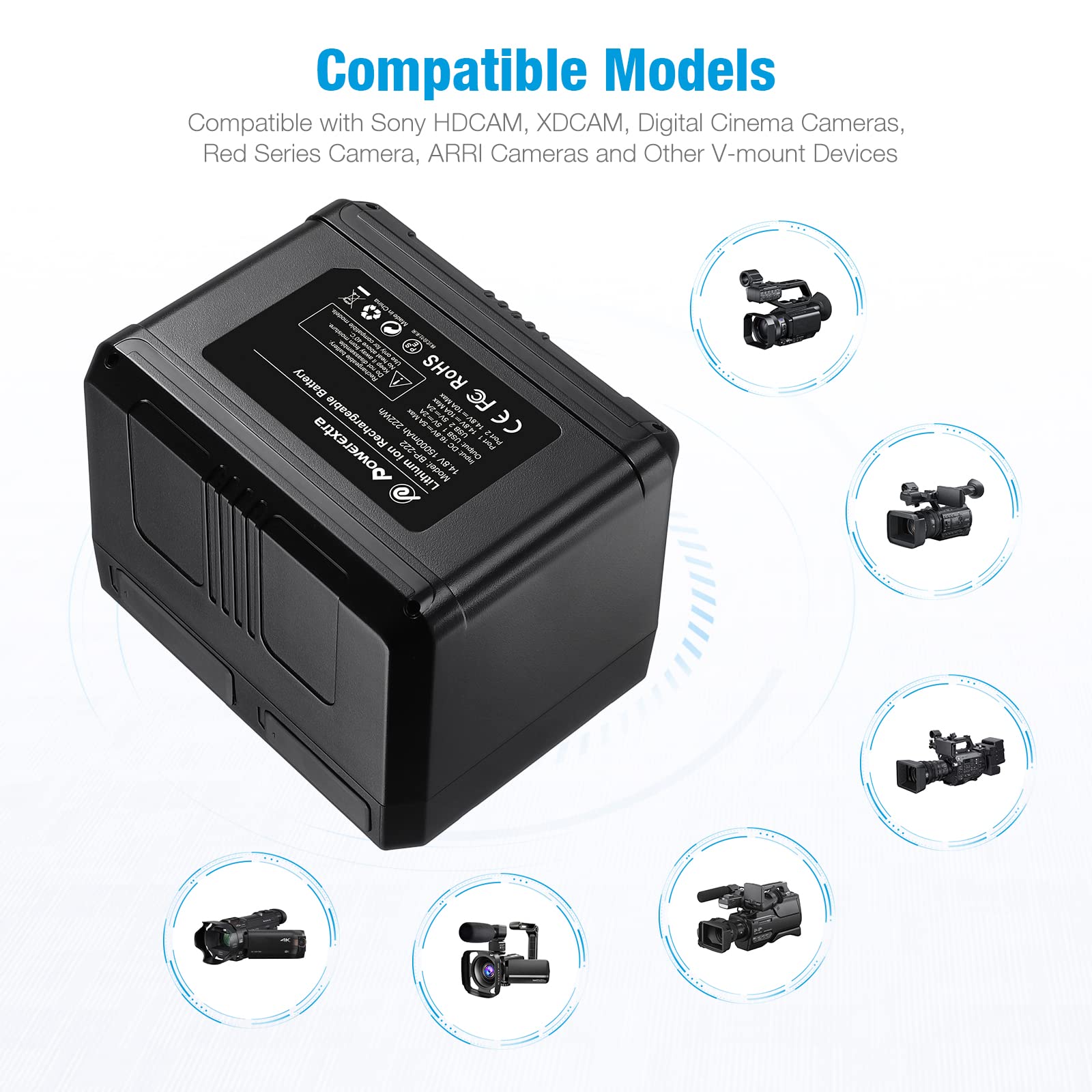Powerextra V Mount V Lock Rechargeable Battery 222Wh 14.8V 15000mAh with D-Tap Charger & Cable - Compatible with Sony HDCAM XDCAM Digital Cinema Cameras - Perfect for Broadcast Video Camcorders Film Production and On-Location Shooting